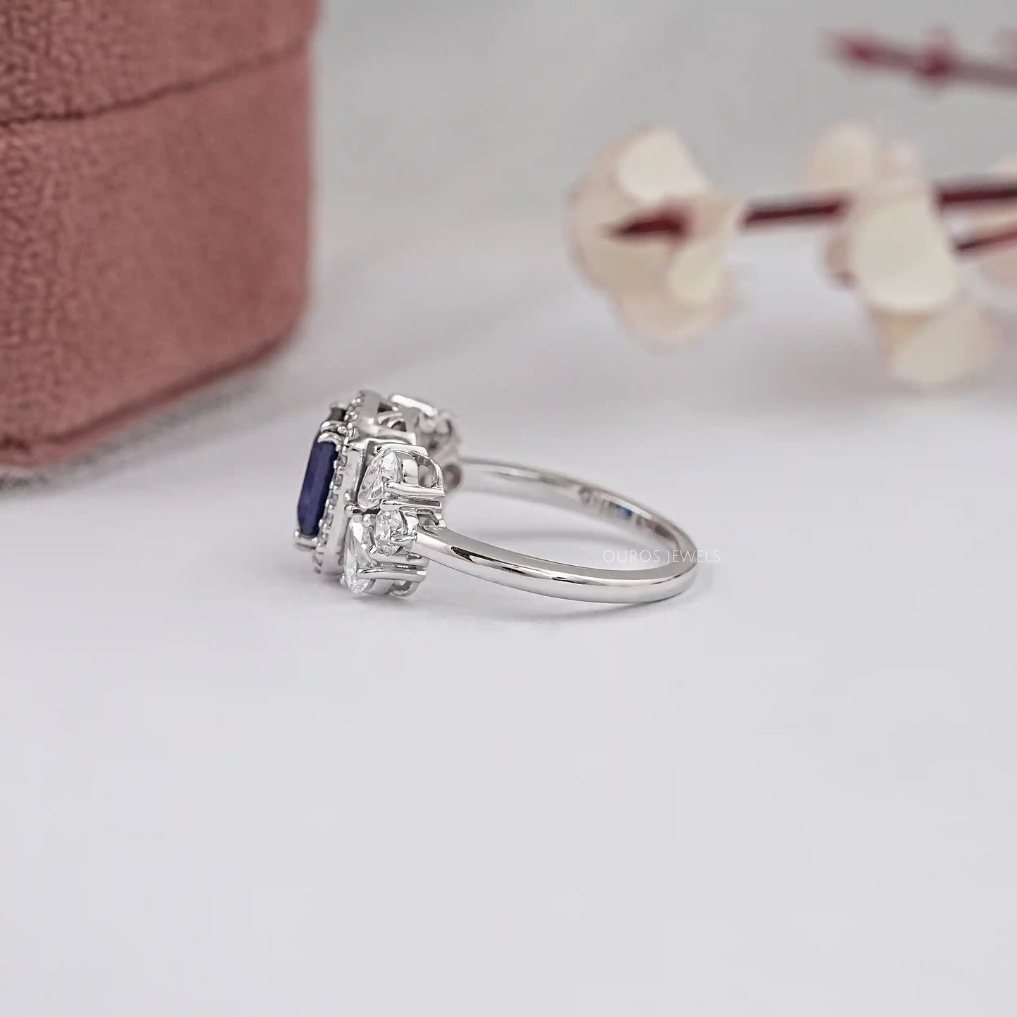 Blue Emerald Cut Halo Lab Diamond Ring