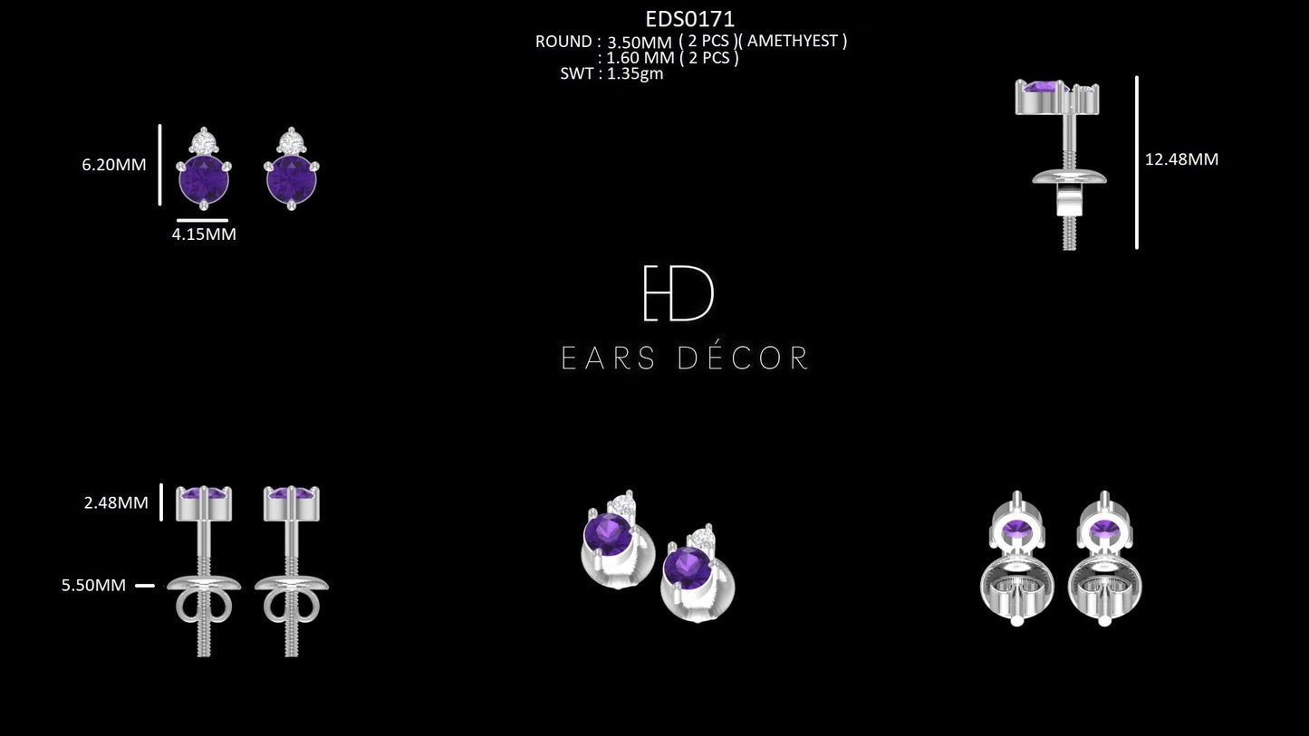 Amethyst Purple Round Gemstone Stud Earrings