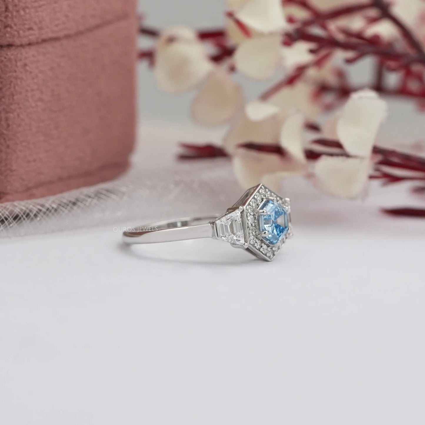 Blue Color Hexagon Cut Diamond Ring
