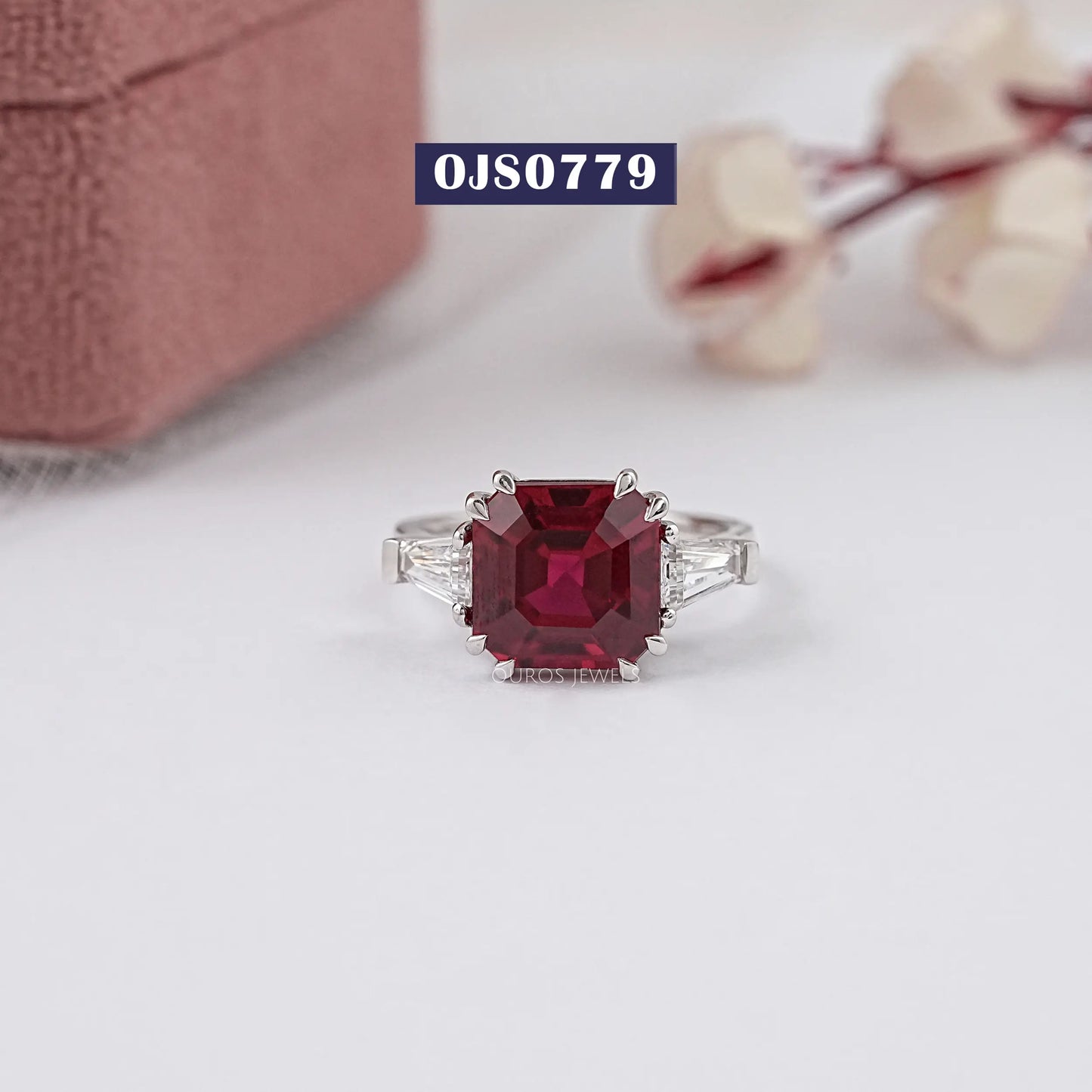 Asscher Cut Red Ruby Gemstone Three Stone Ring