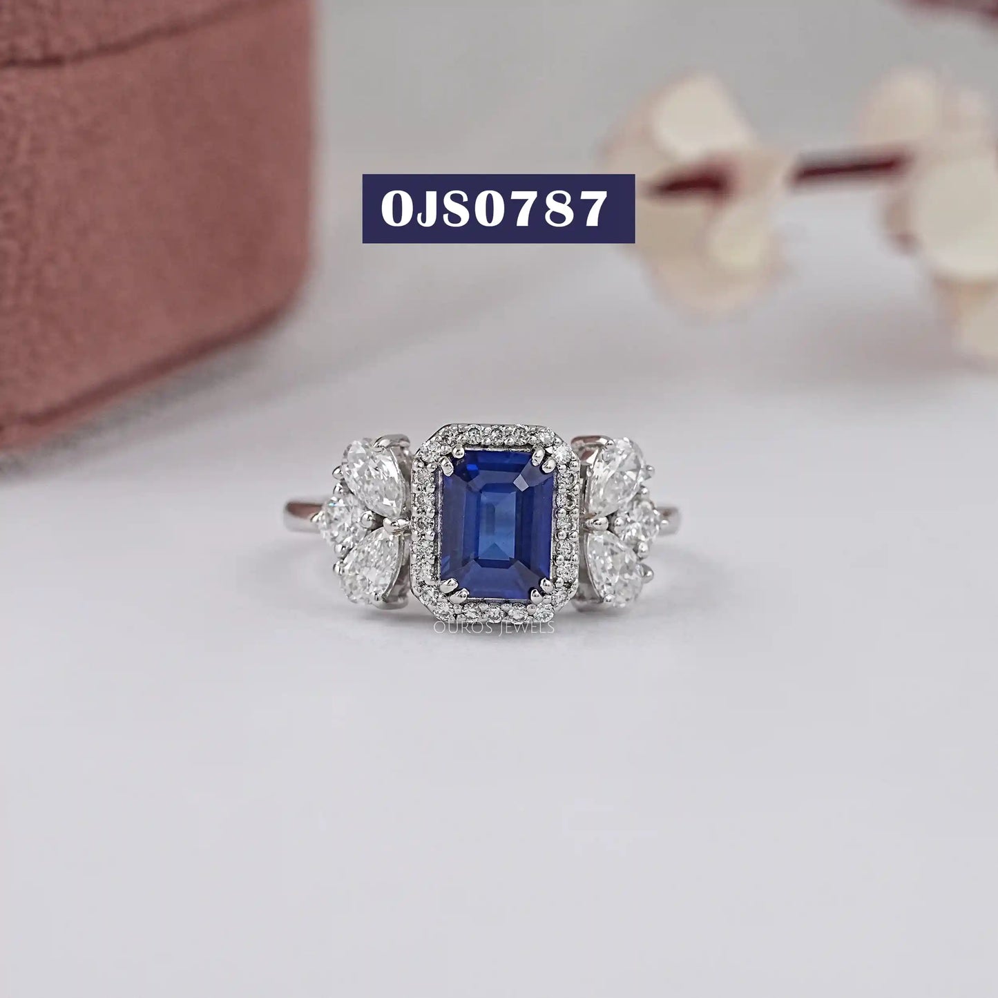 Blue Emerald Cut Halo Lab Diamond Ring