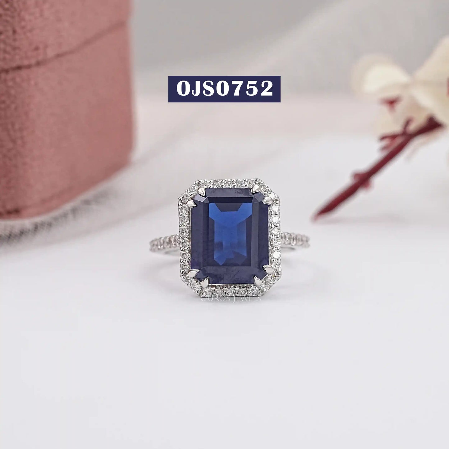 Blue Emerald Cut Halo With Accent Diamond Ring