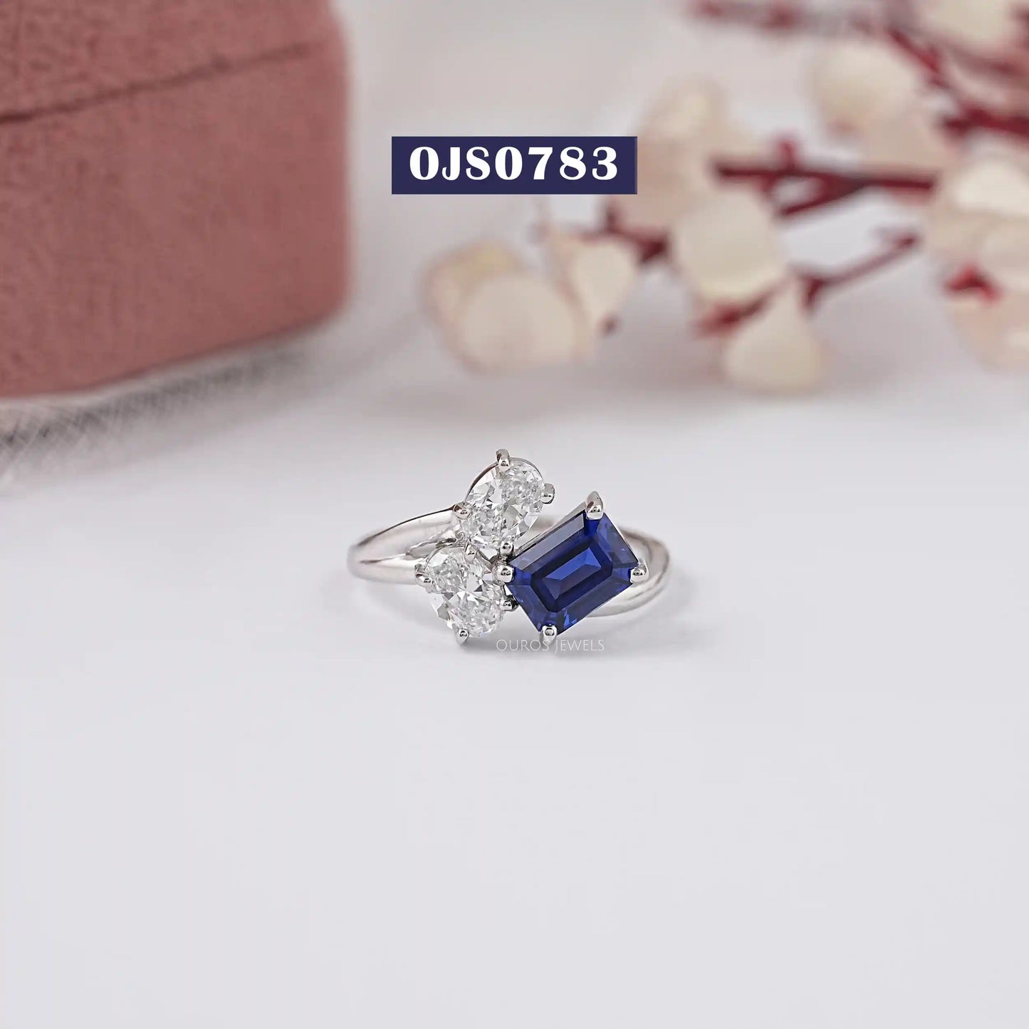 Blue Emerald Cut Three Stone Lab Diamond Ring