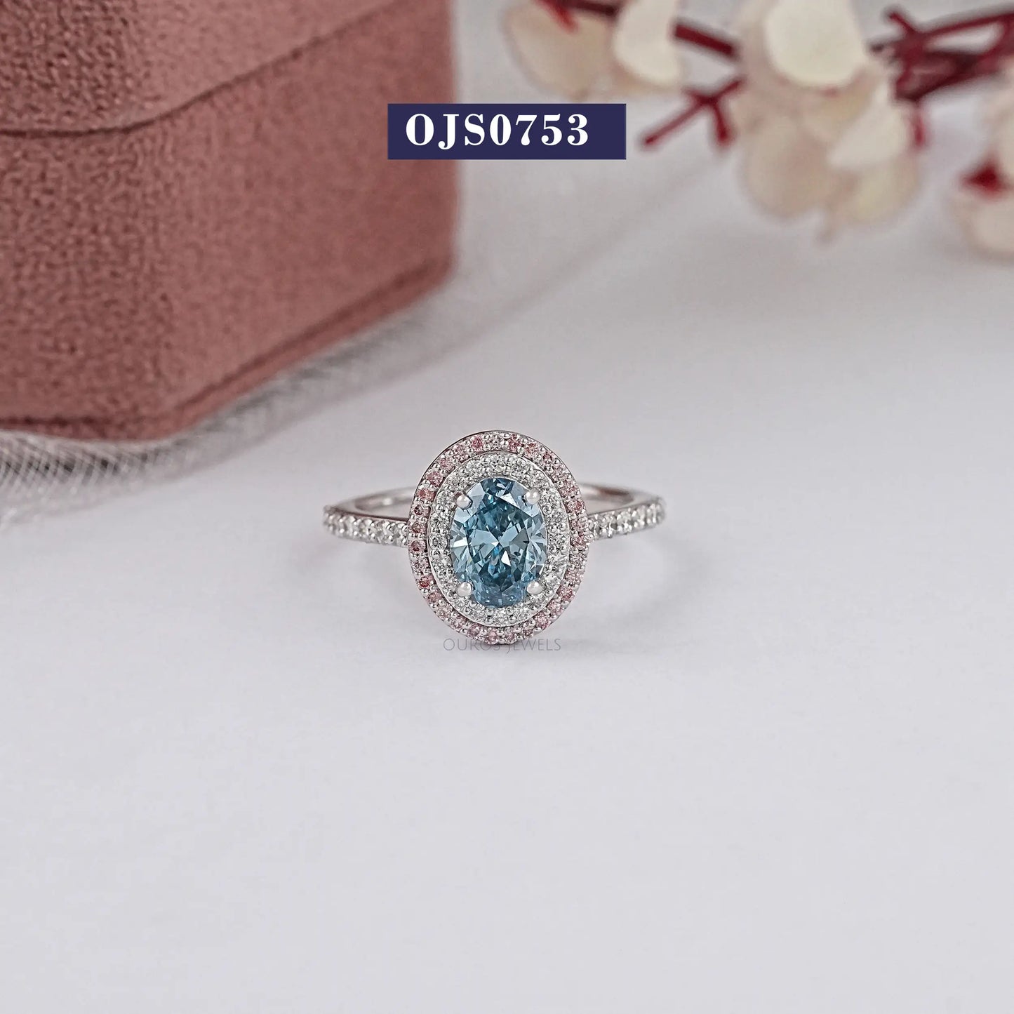 Blue Oval Cut Double Halo Lab Diamond Ring