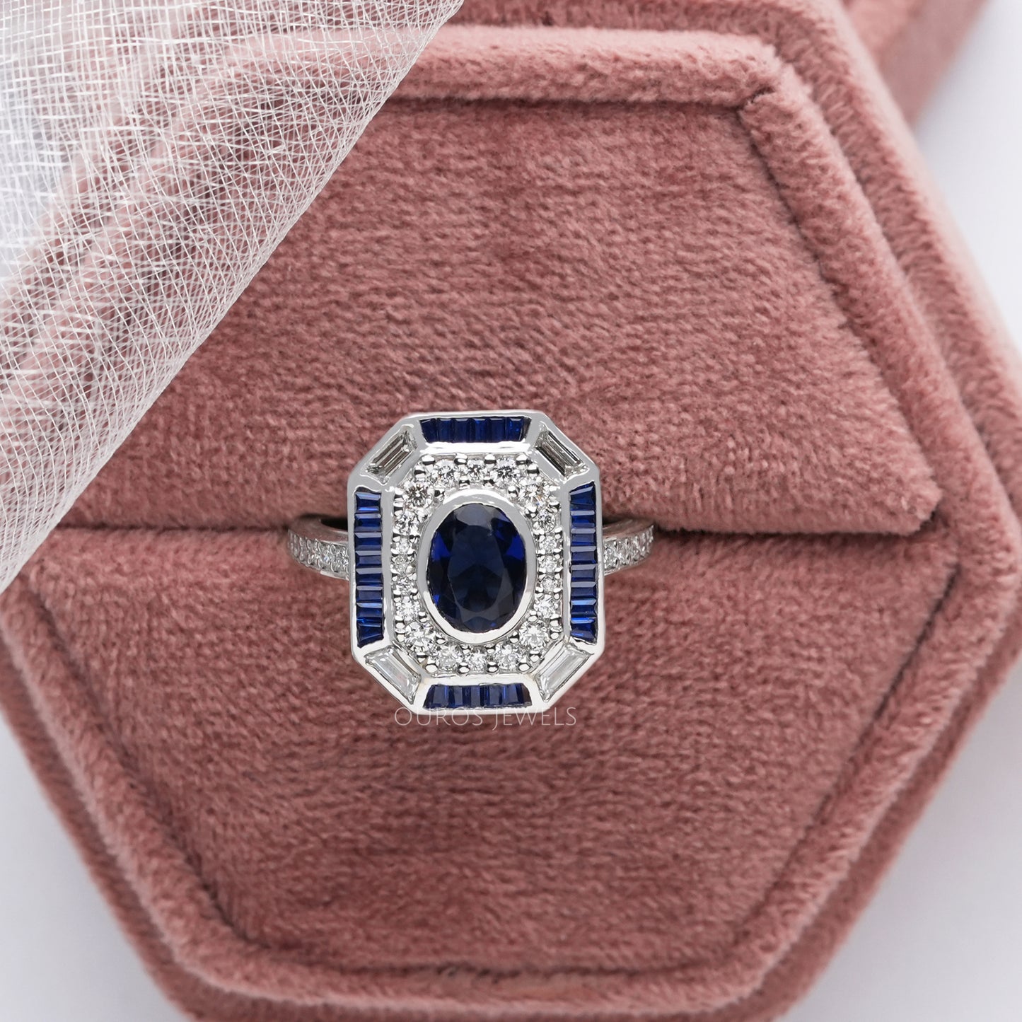 Blue Oval Cut Halo With Accent Diamond Ring
