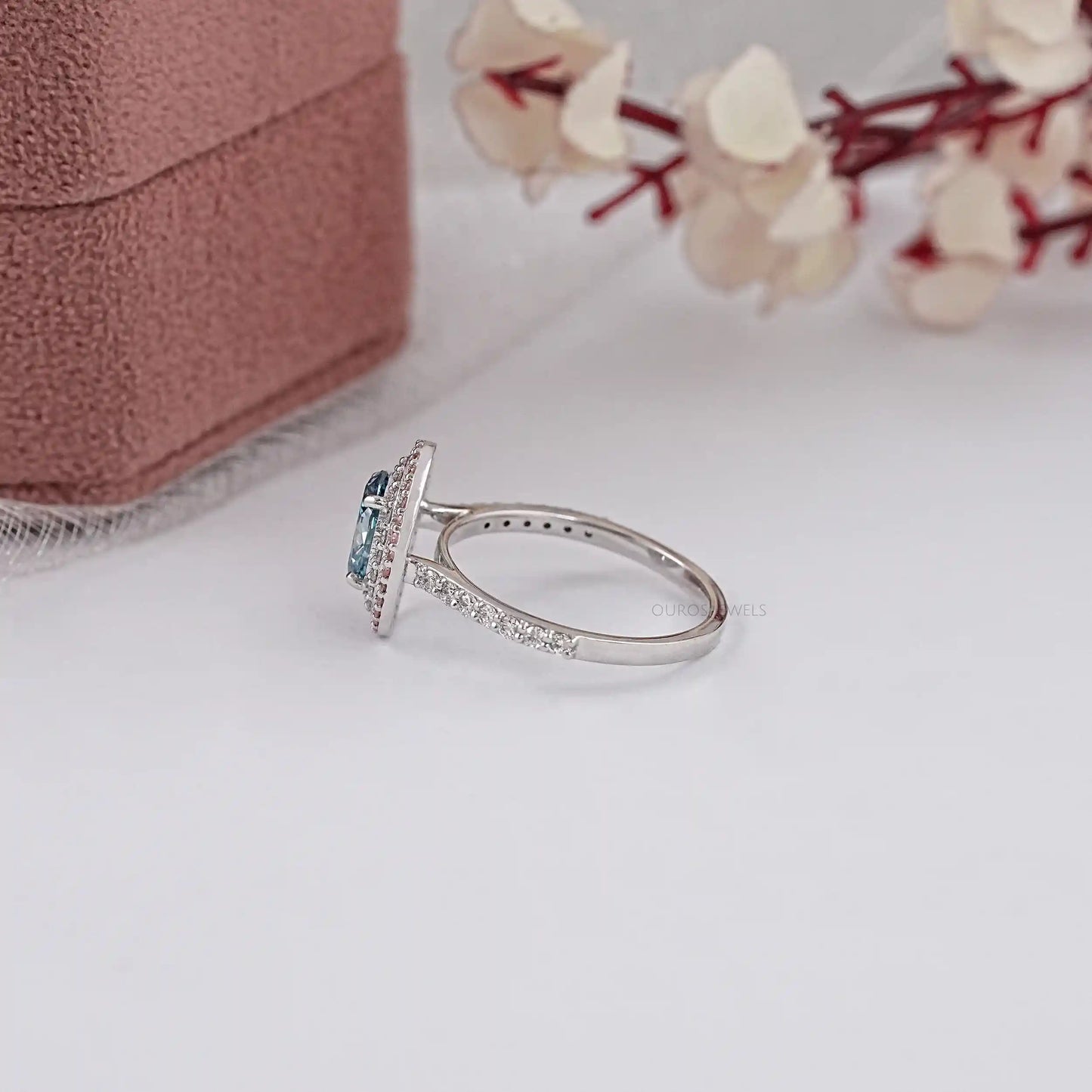 Blue Oval Cut Double Halo Lab Diamond Ring
