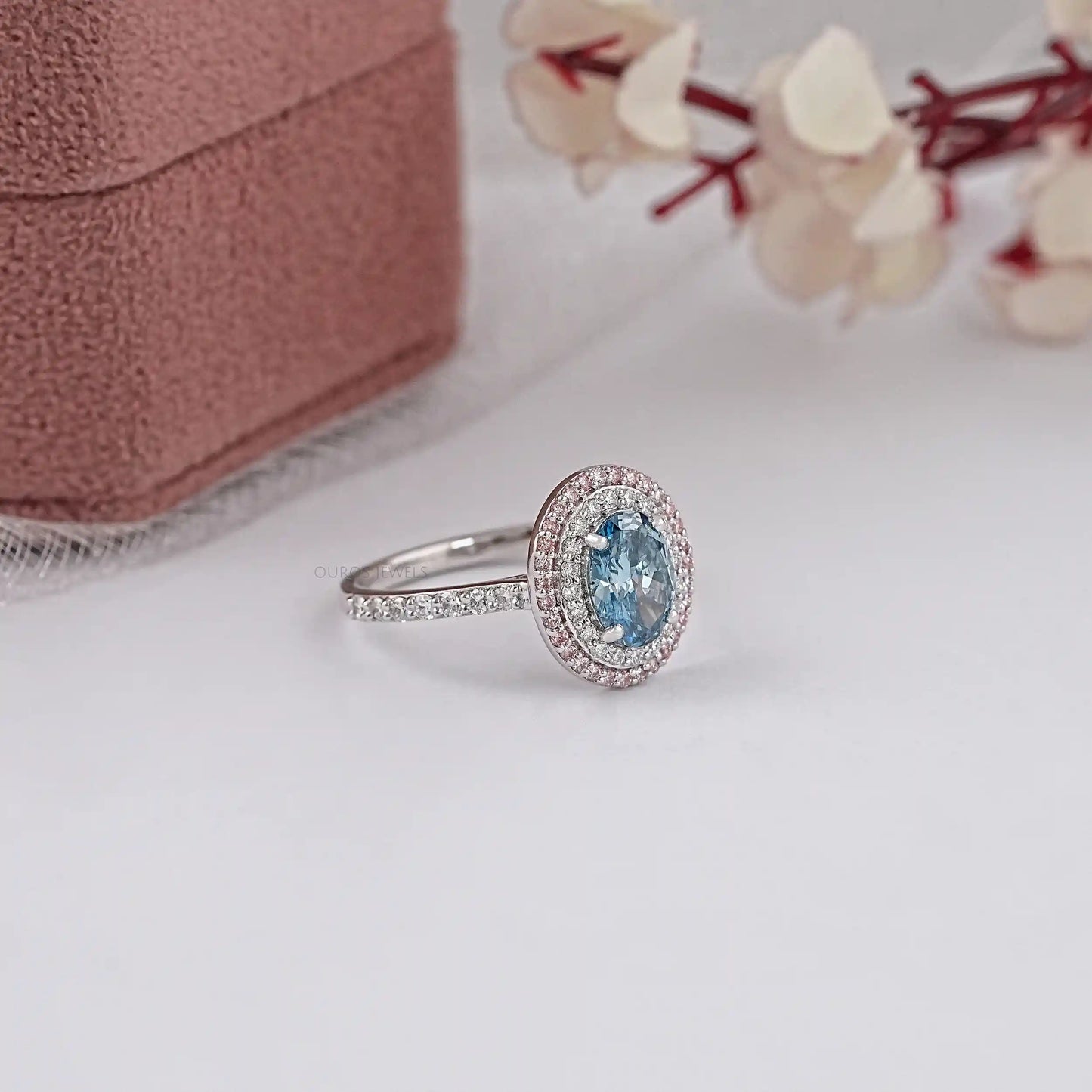 Blue Oval Cut Double Halo Lab Diamond Ring