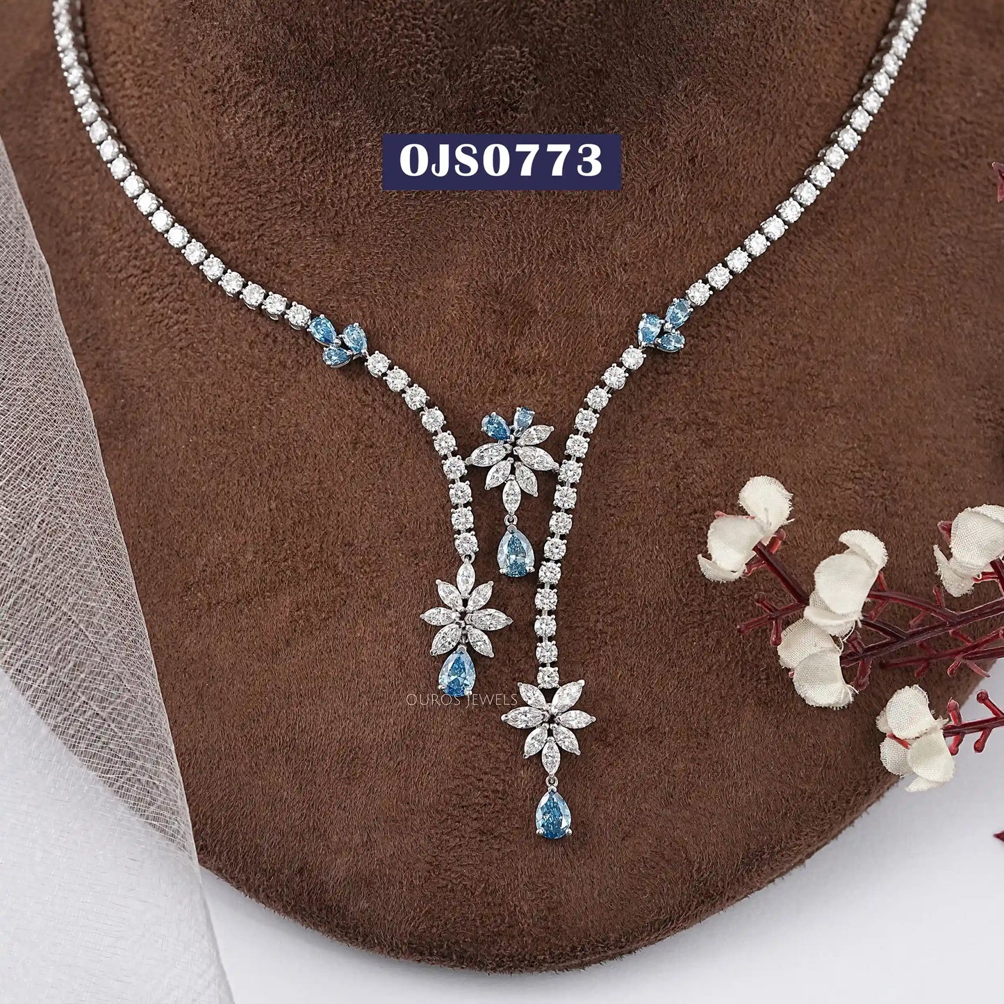 Blue Pear Cut Lab Diamond Necklace