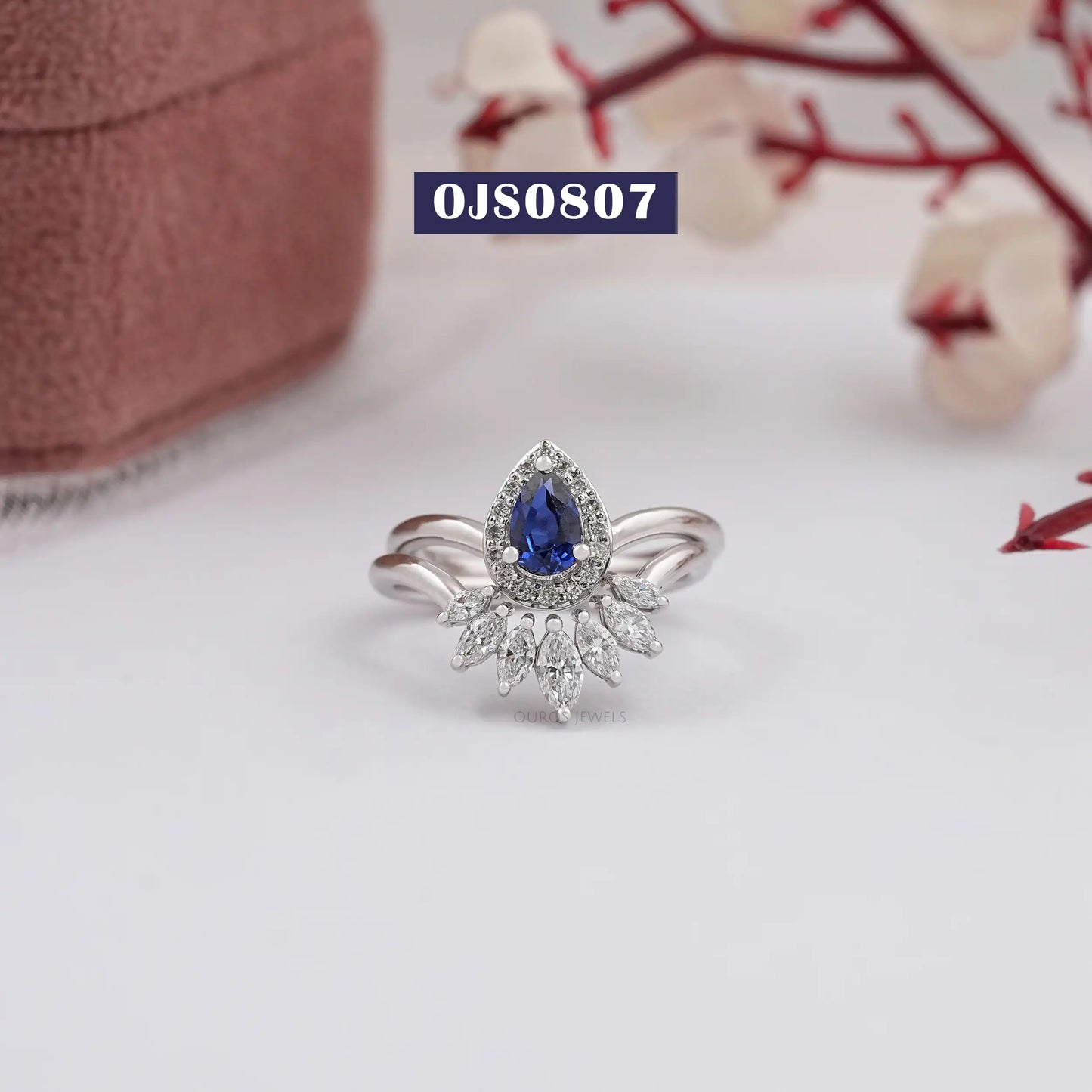 Blue Sapphira Pear Cut Halo Diamond Ring