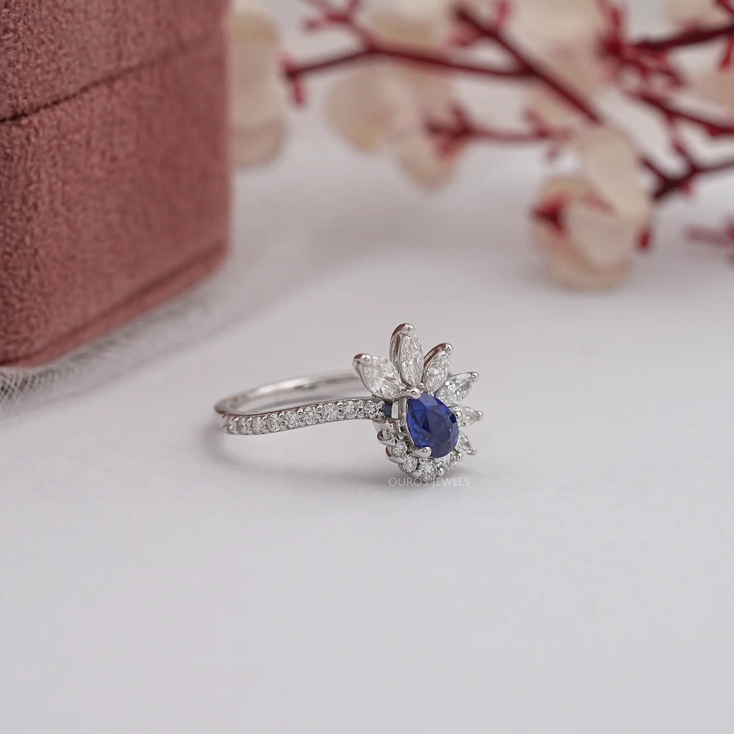 Pear Cut Blue Sapphire Gemstone Cluster Ring