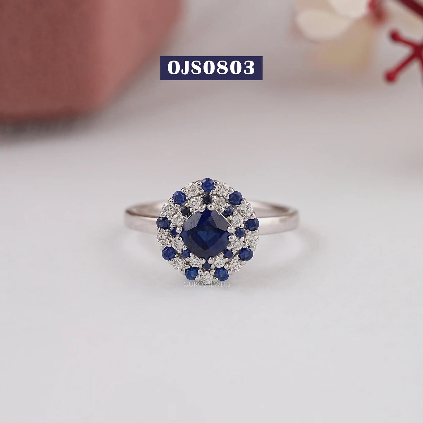 Blue Sapphire Cushion Cut Double Halo Ring