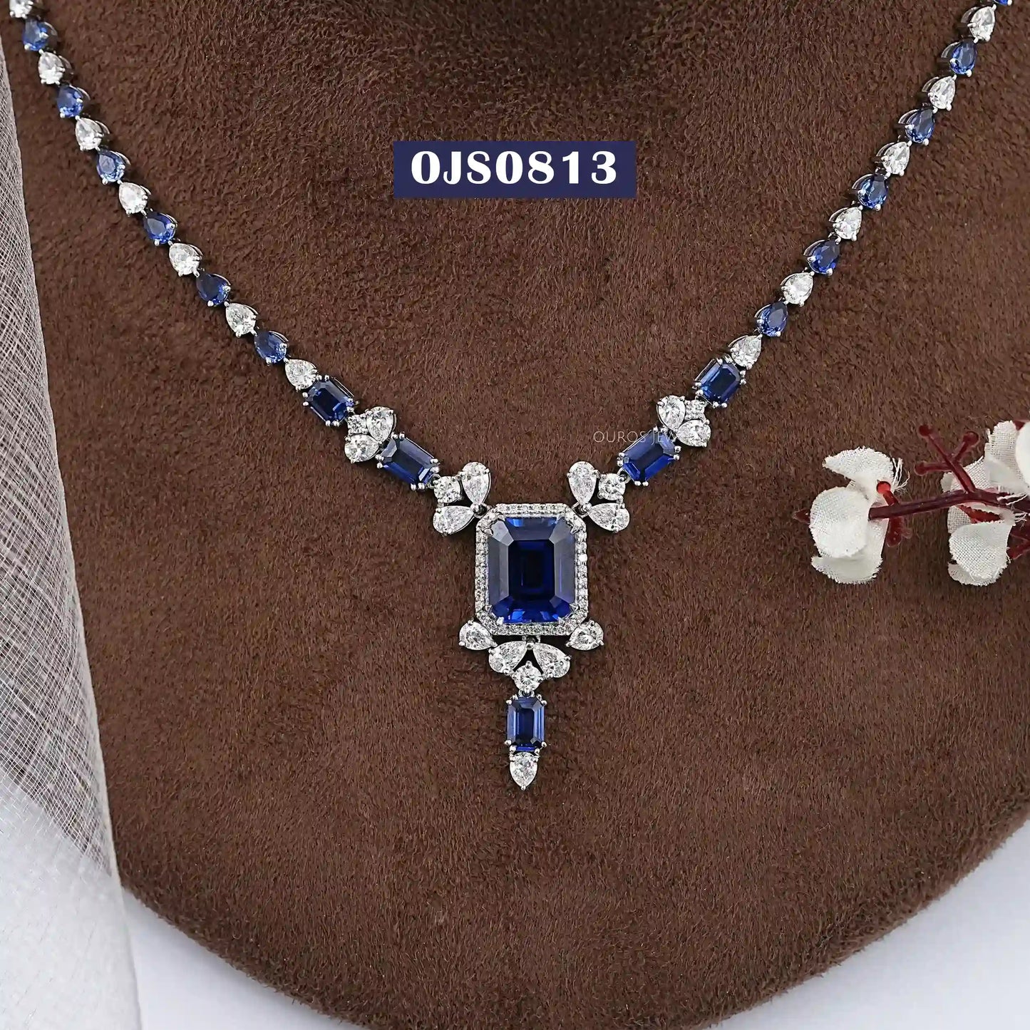 Blue Sapphire Emerald Cut Gemstone Necklace