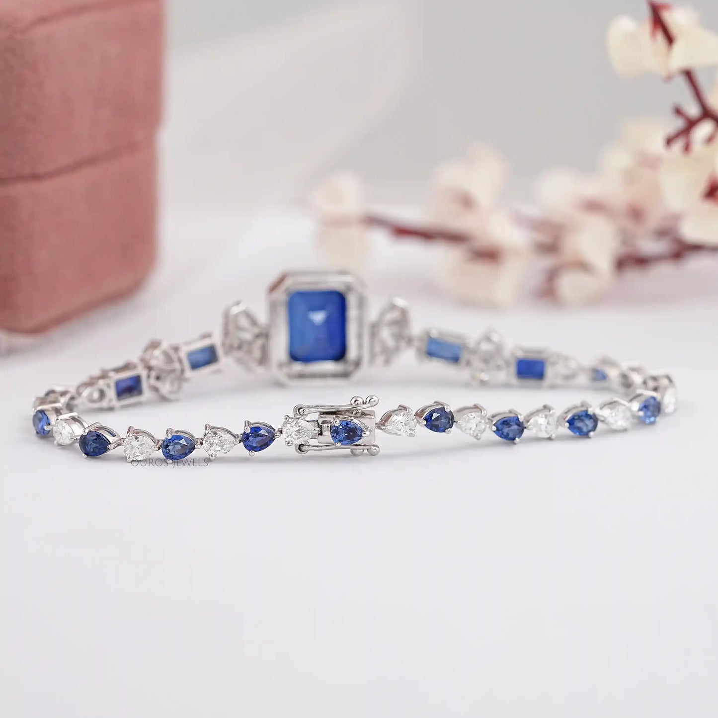 Blue Sapphire Emerald Cut Lab Grown Gemstone Bracelet