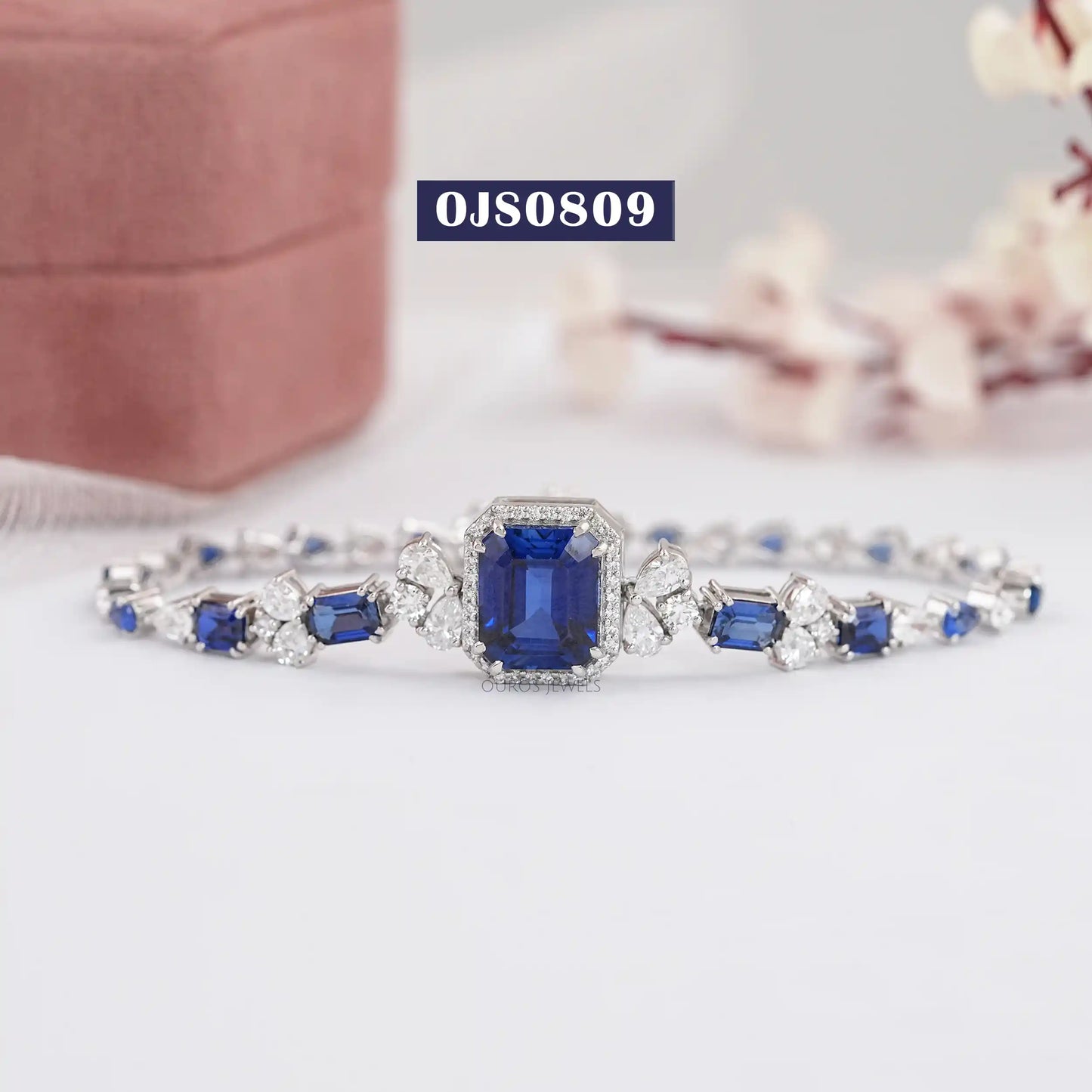 Blue Sapphire Emerald Cut Lab Grown Gemstone Bracelet