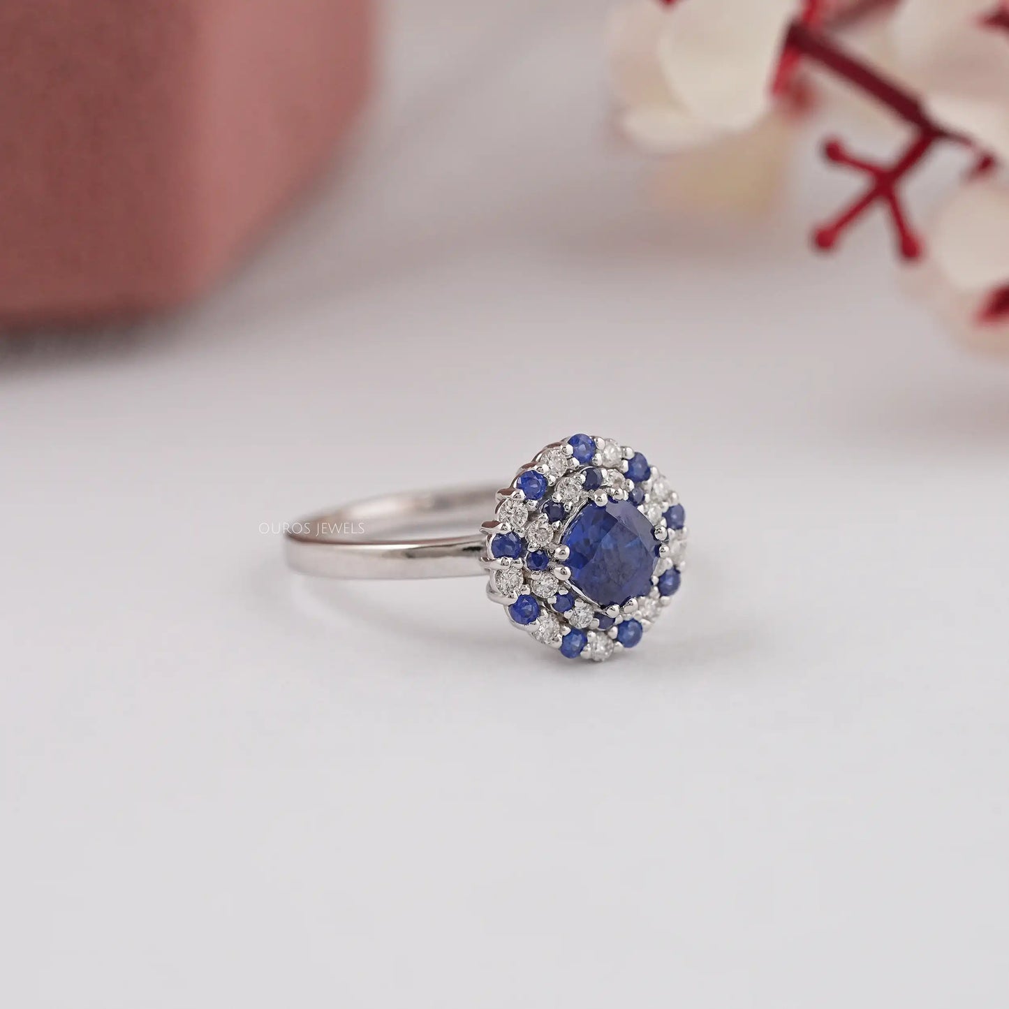 Blue Sapphire Cushion Cut Double Halo Ring