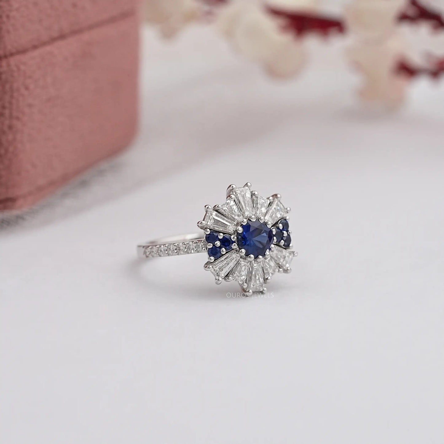 Blue Round Gemstone With Tapered Baguette Ring