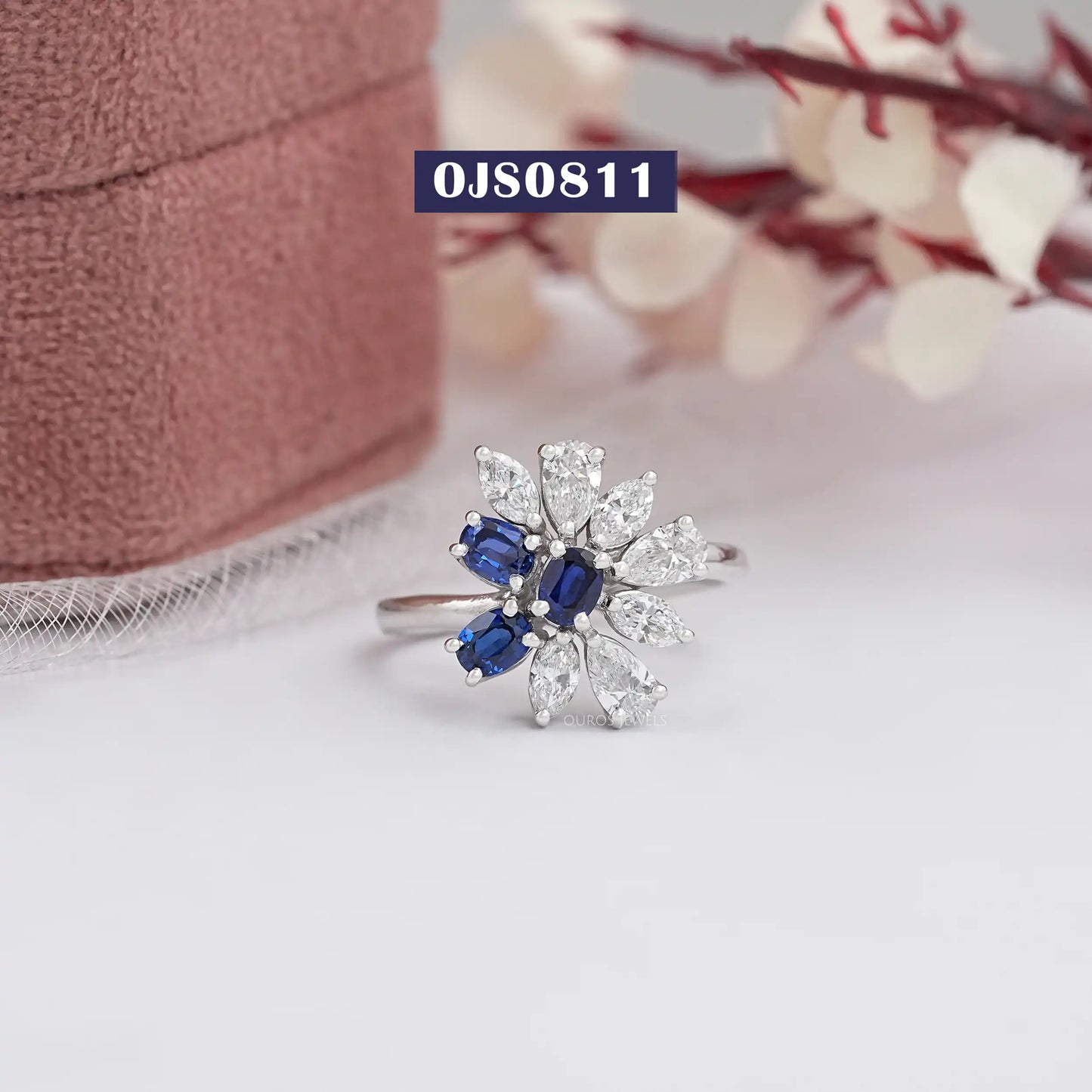Blue Sapphire Oval Gemstone Cluster Diamond Ring