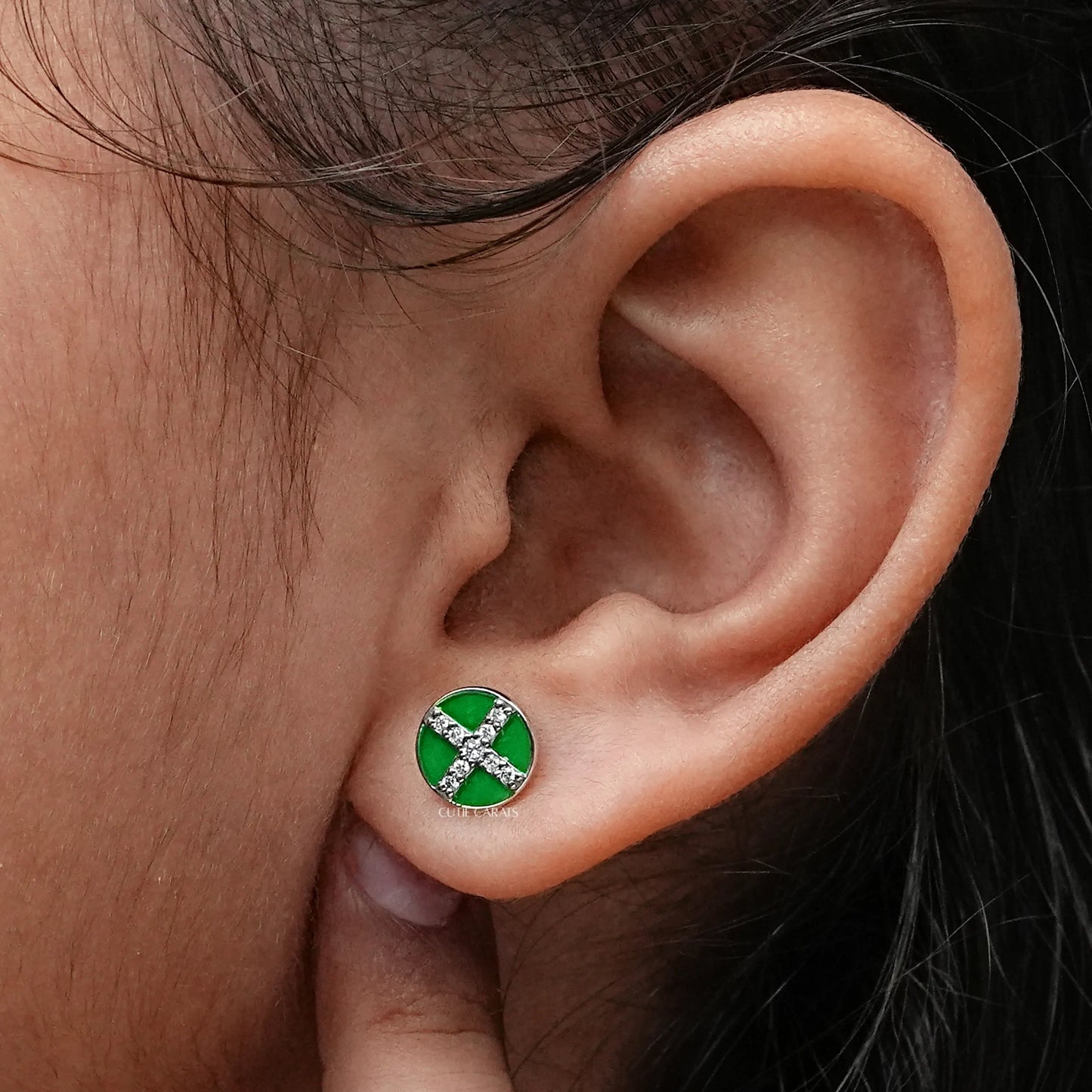 Green Enamel Stud Earrings For Baby Girl