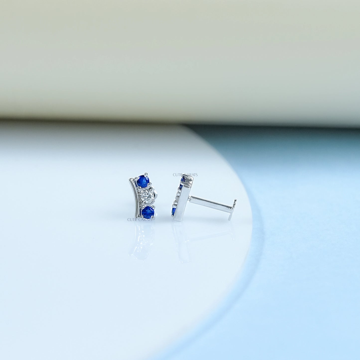 Sapphire And Diamond Round Cut Bar Stud