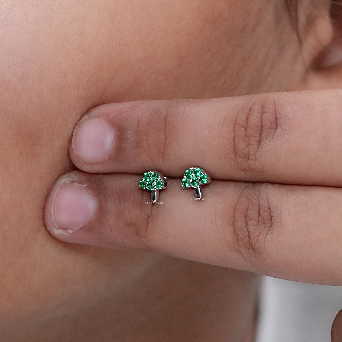 Emerald Round Cut Dainty Mushroom Stud For Kids