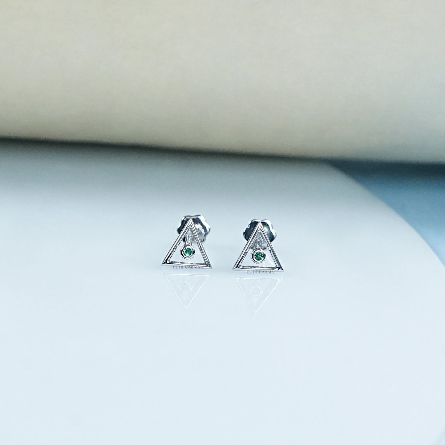 Minimalist Round Emerald Triangle Shape Baby Earrings