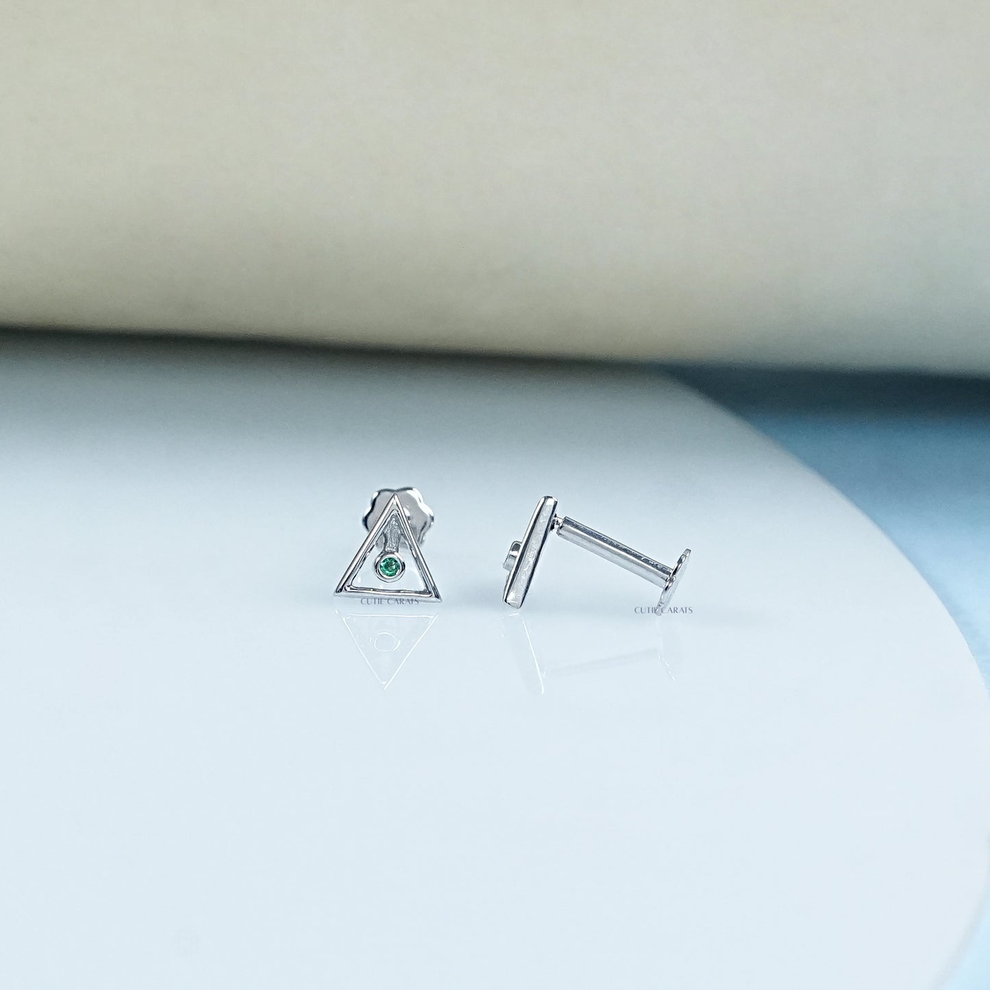 Minimalist Round Emerald Triangle Shape Baby Earrings