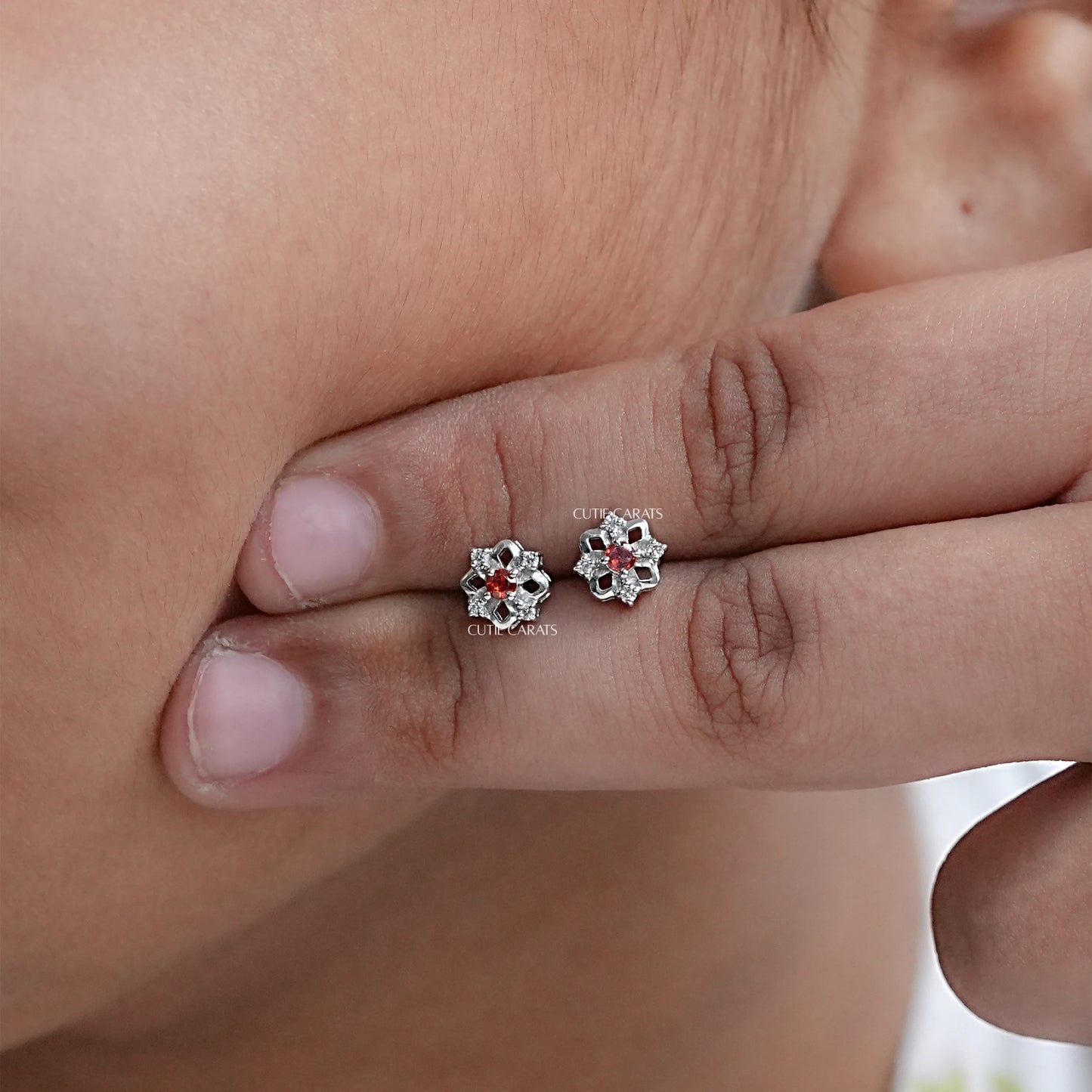 Ruby And Diamond Cluster Earrings For Kids