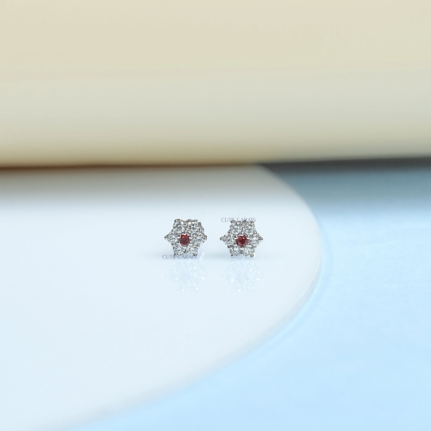 Round Cut Ruby Floral Shape Stud Earrings