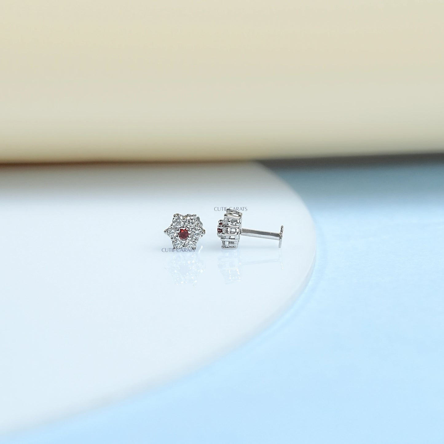 Round Cut Ruby Floral Shape Stud Earrings