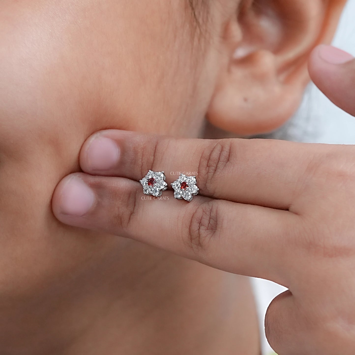 Round Cut Ruby Floral Shape Stud Earrings