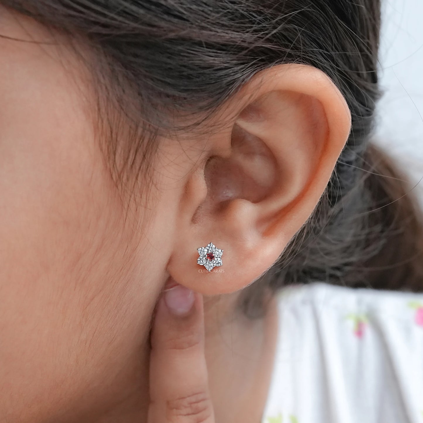 Round Cut Ruby Floral Shape Stud Earrings