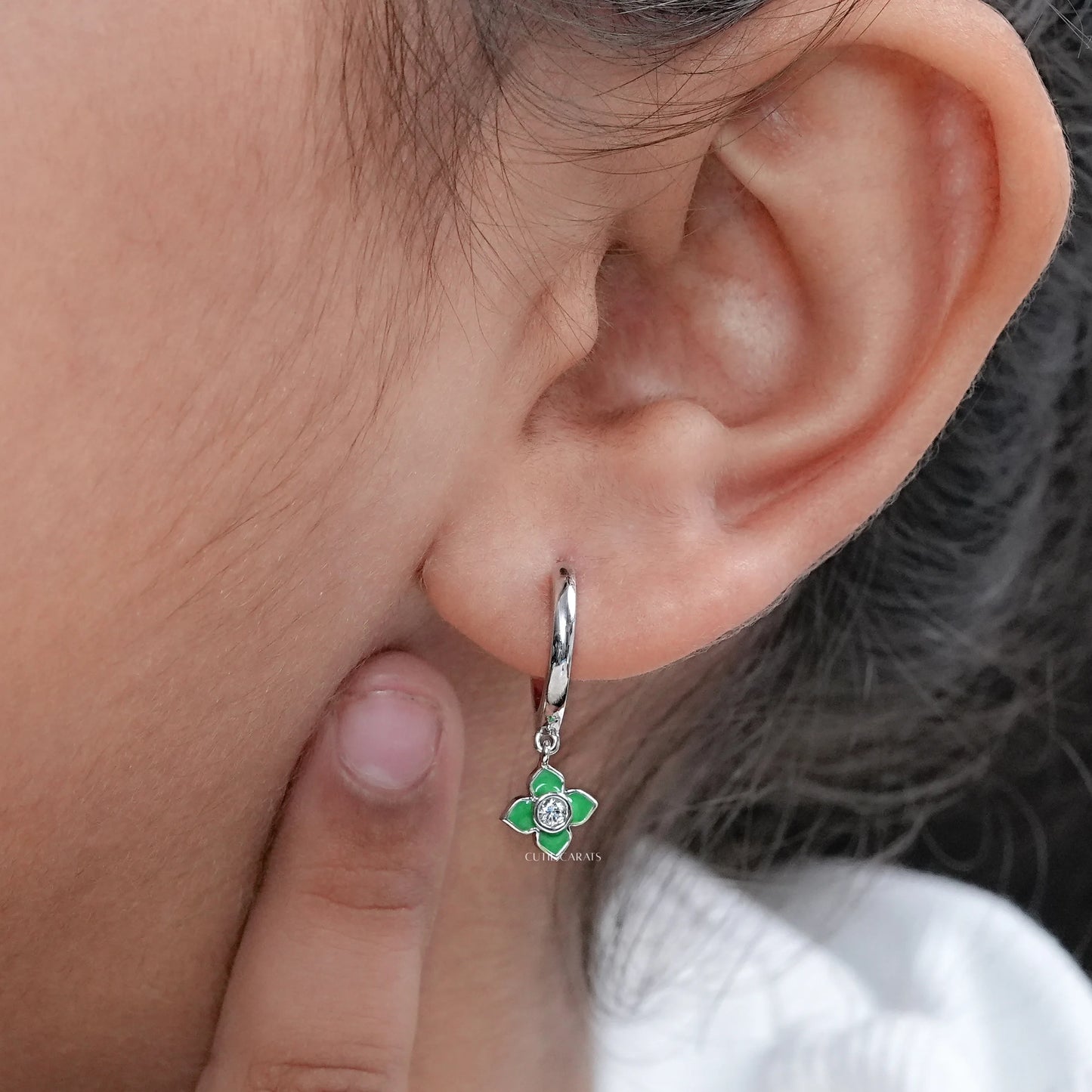 Green Leaf Charm Hoop Earrings For Kids