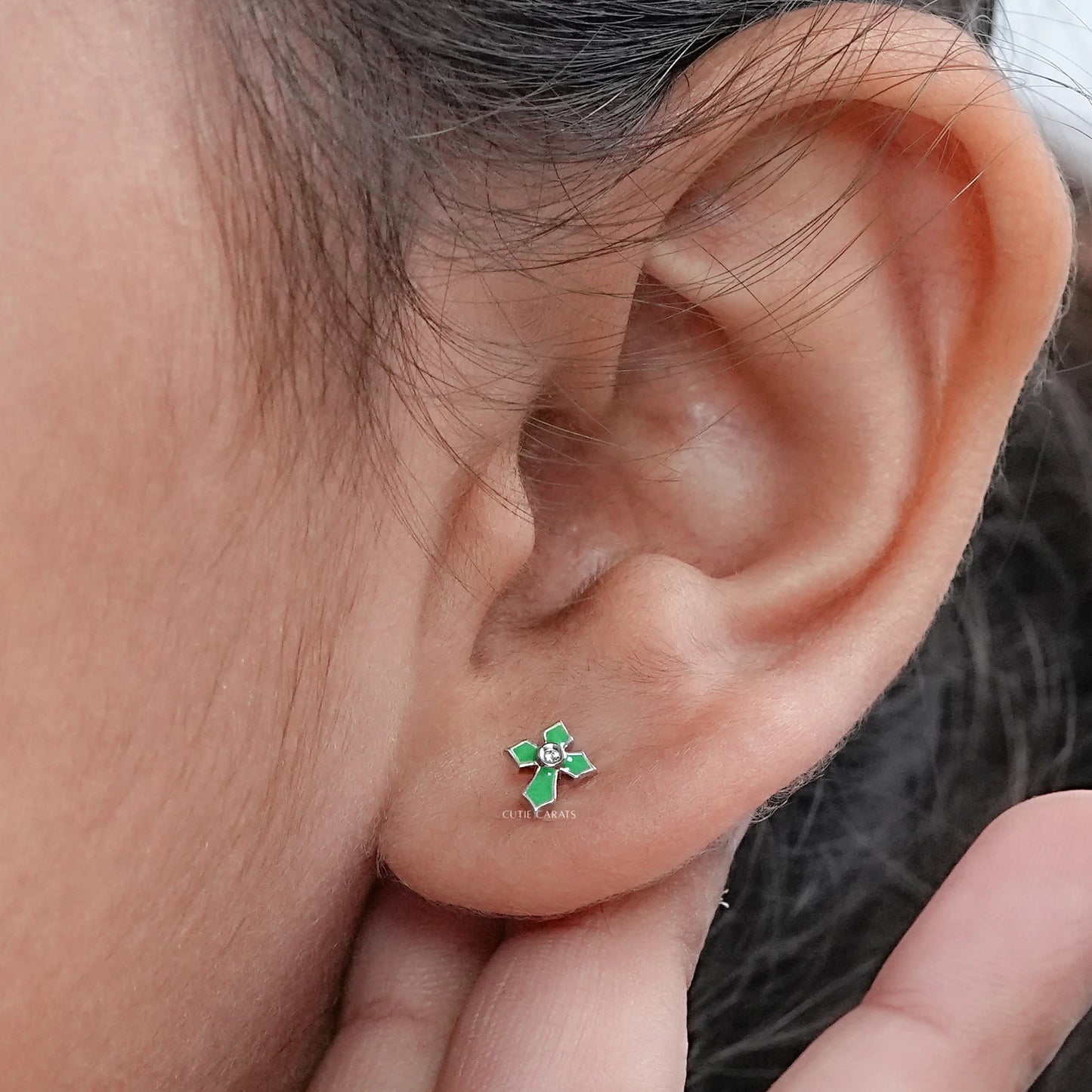 Cross Green Enamel Stud Earrings