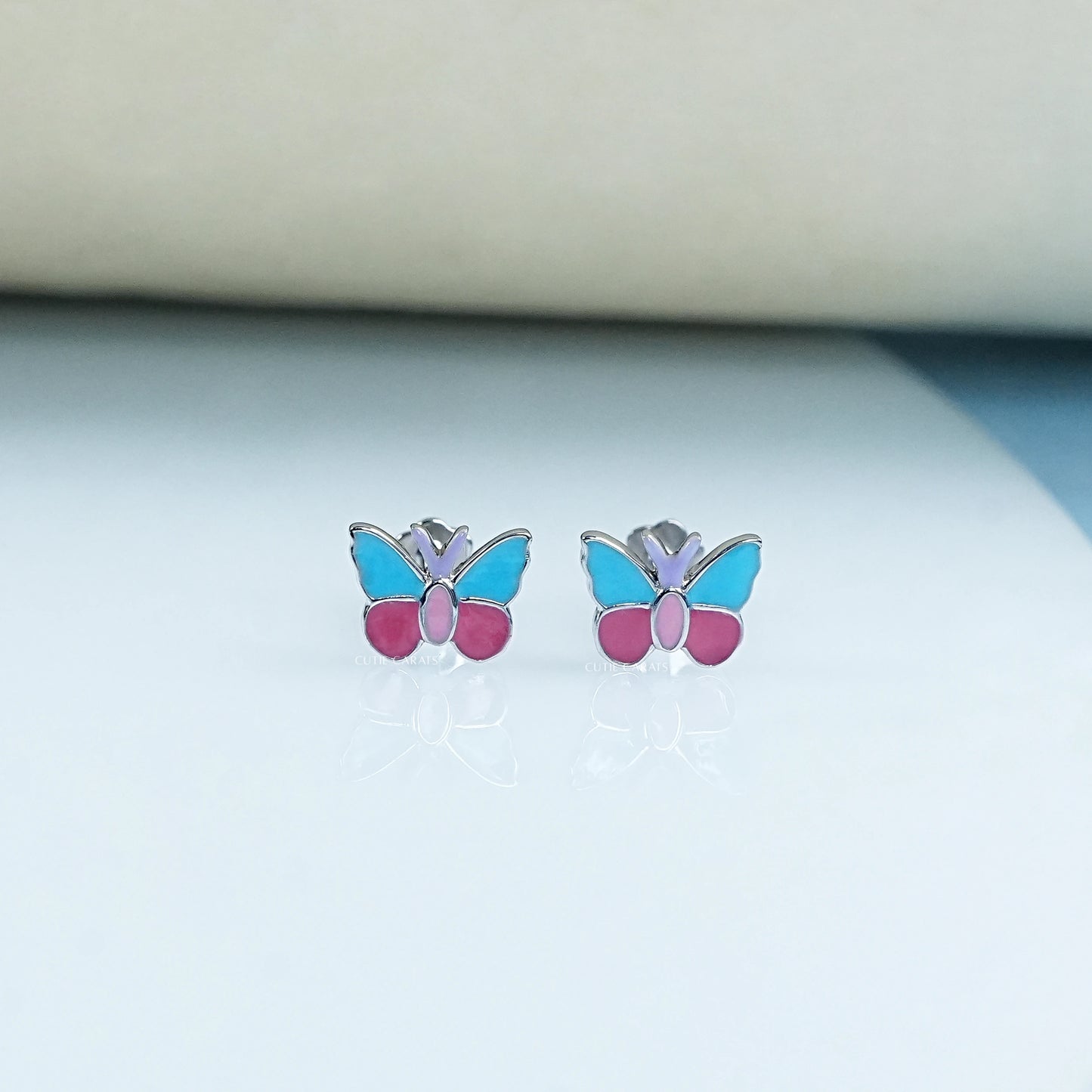 Pink And Blue Enamel Butterfly Kids Stud