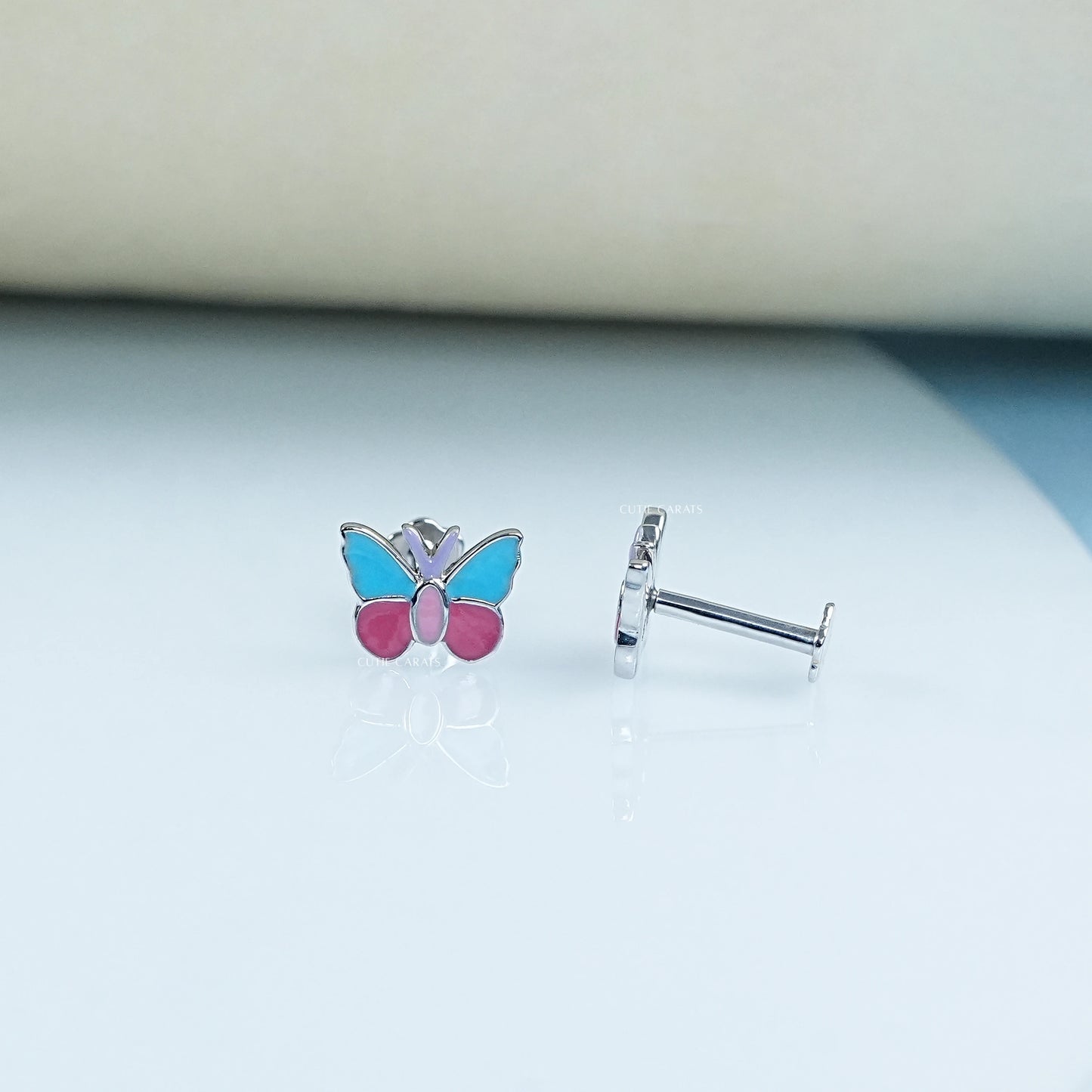 Pink And Blue Enamel Butterfly Kids Stud