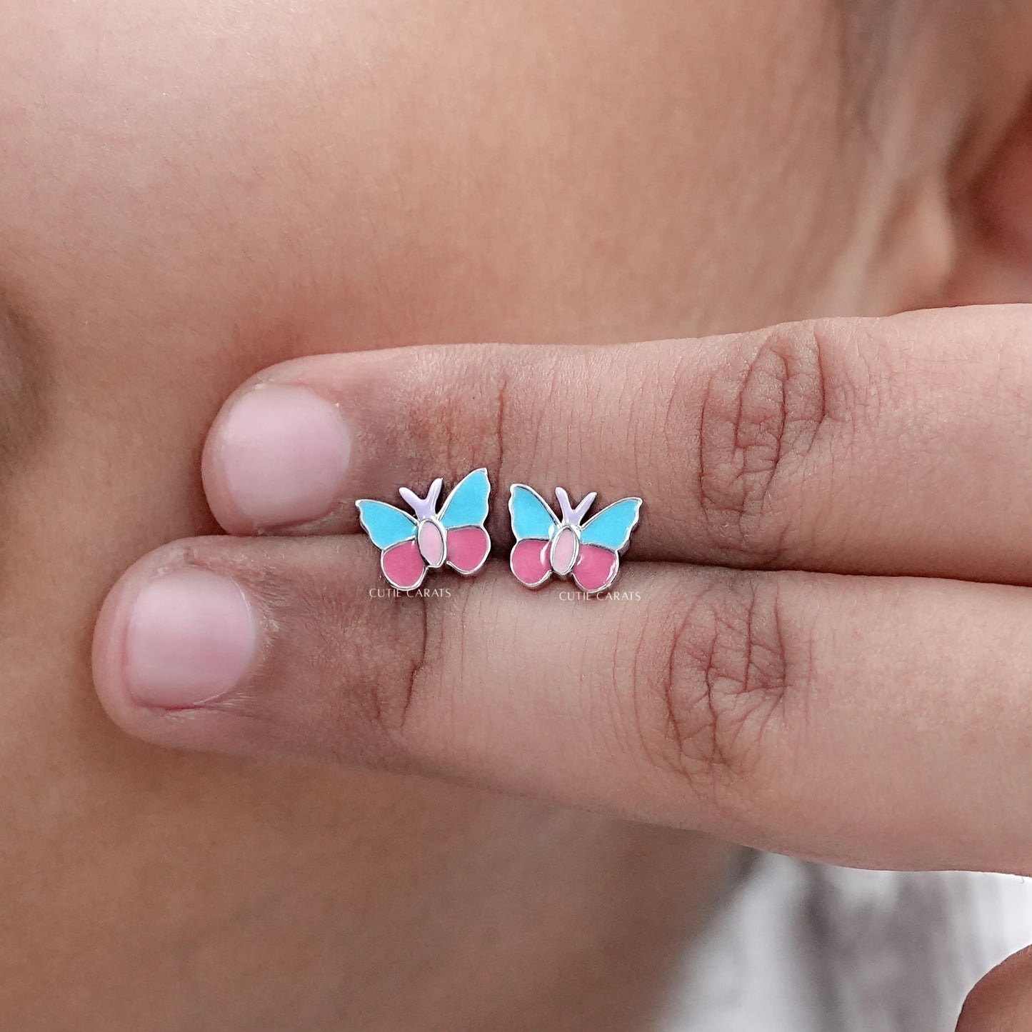 Pink And Blue Enamel Butterfly Kids Stud