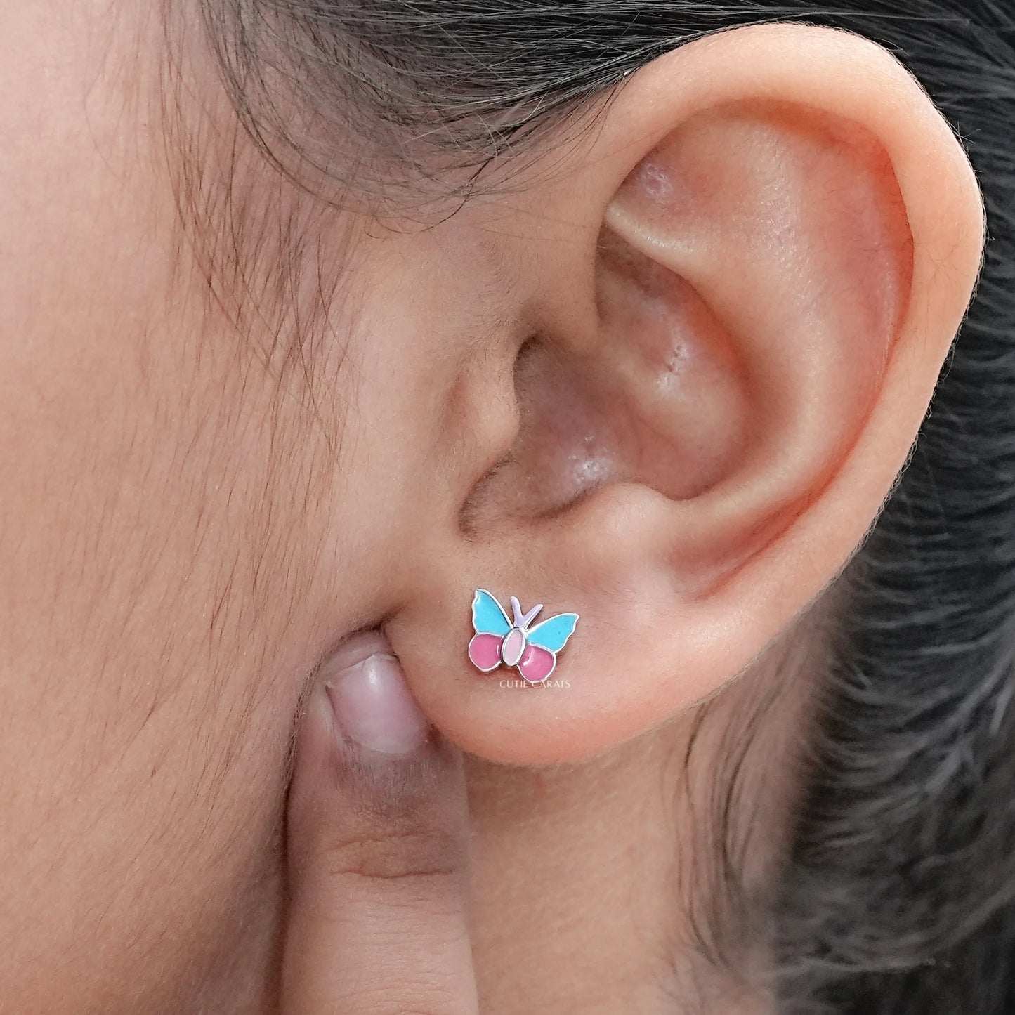 Pink And Blue Enamel Butterfly Kids Stud