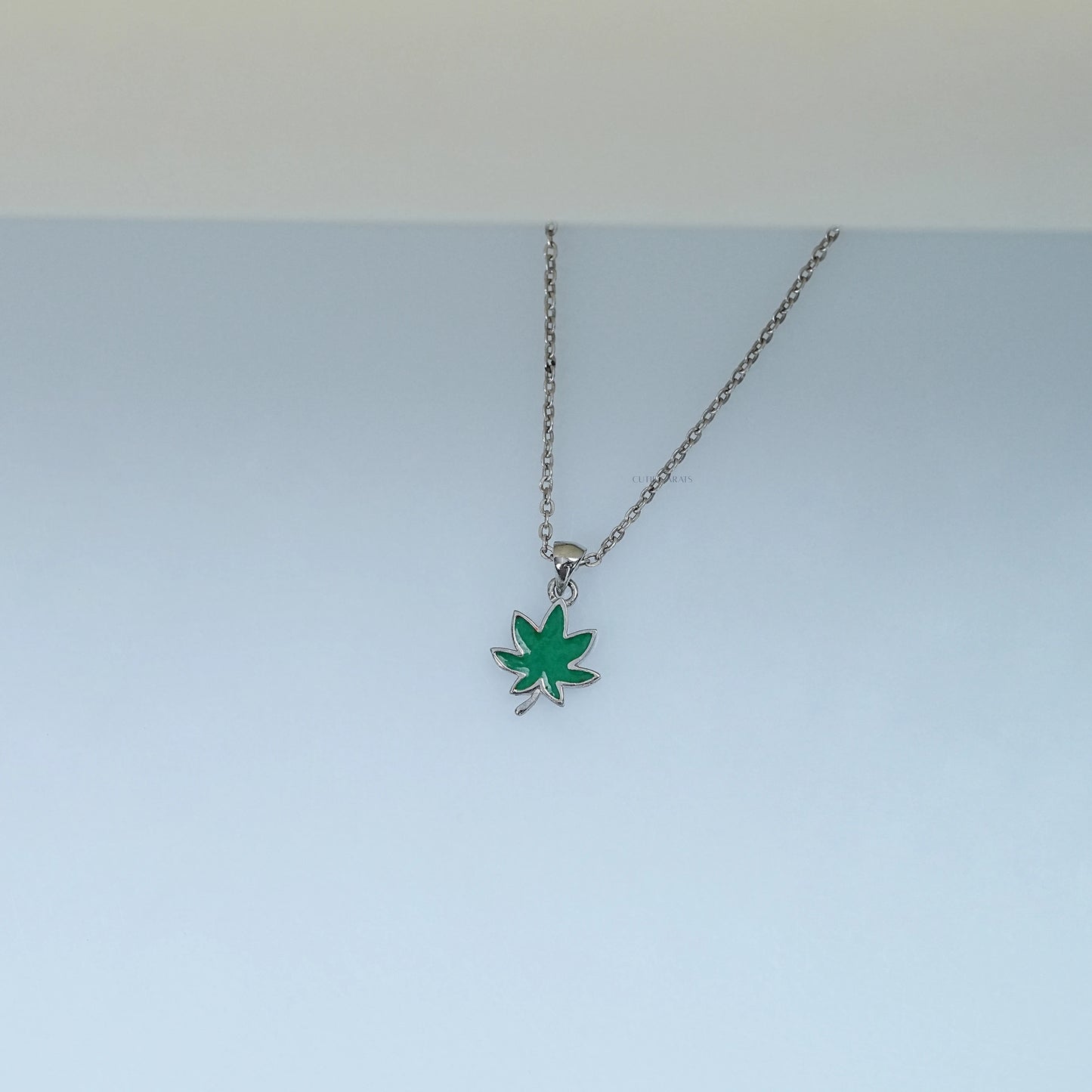 Green Enamel Delicate Pot Leaf Necklace