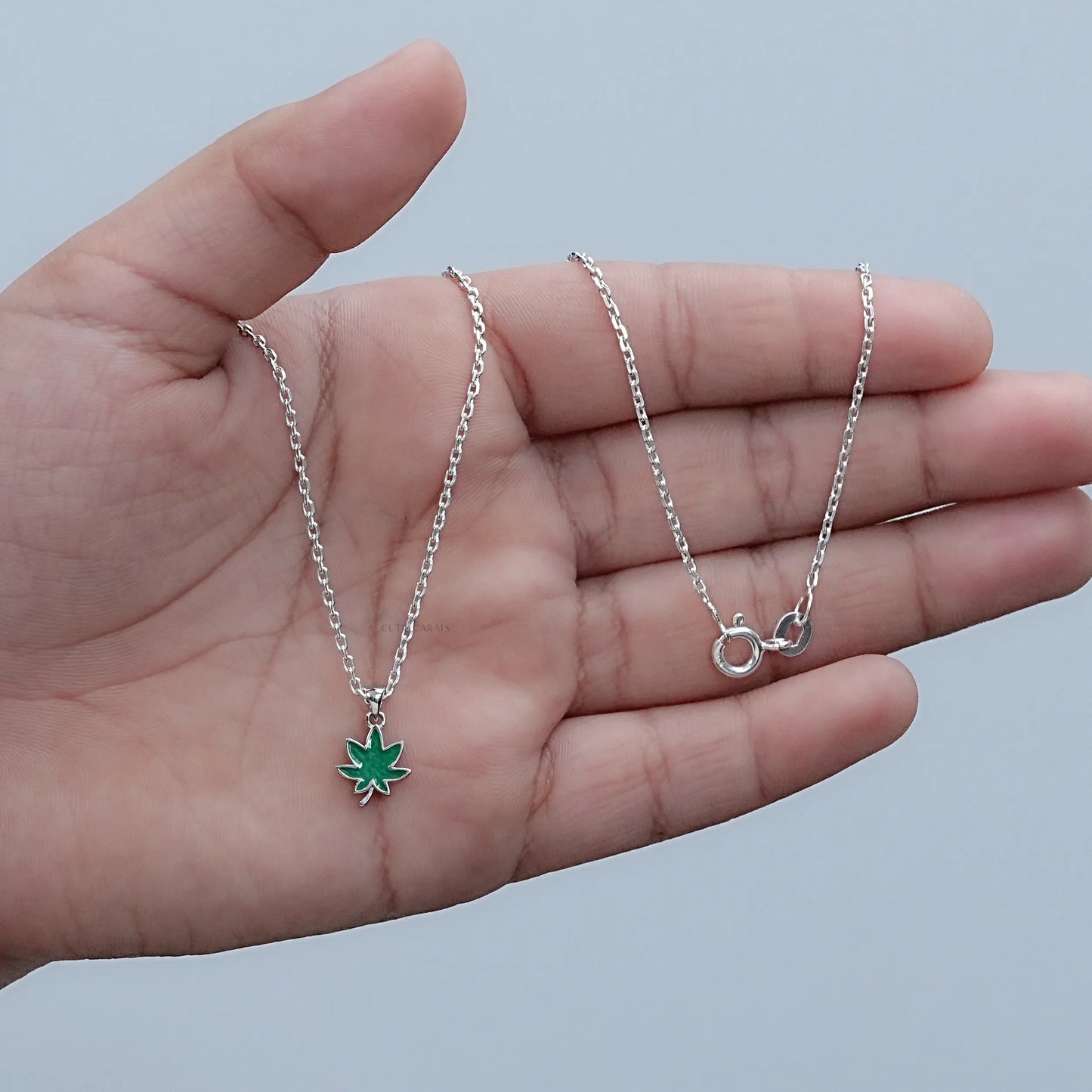 Green Enamel Delicate Pot Leaf Necklace