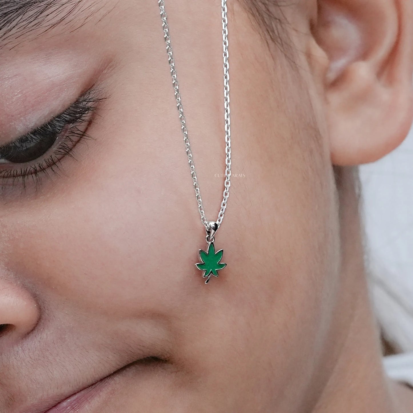 Green Enamel Delicate Pot Leaf Necklace
