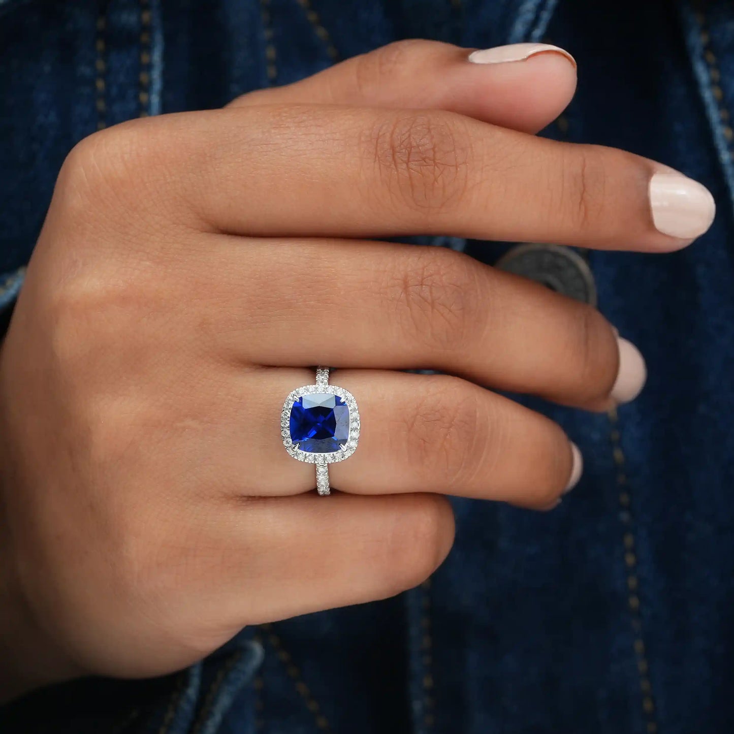 Sapphire Cushion Cut Lab Diamond Halo Engagement Ring