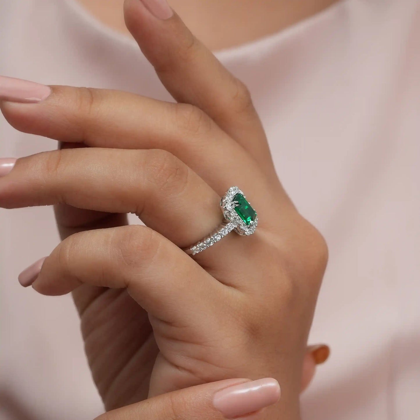 Green Emerald Cut Halo With Accent Diamond Engagement Ring