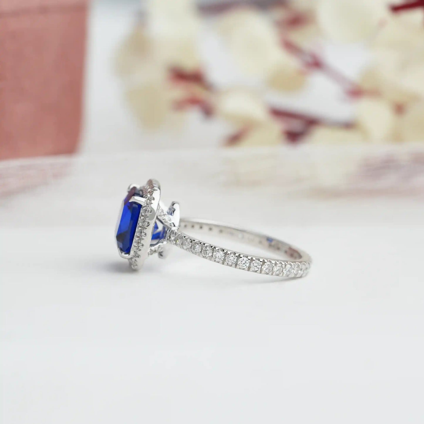 Sapphire Cushion Cut Lab Diamond Halo Engagement Ring