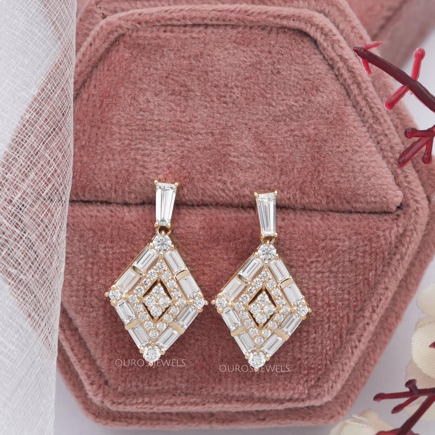 Baguette Cut Cluster Lab Diamond Drop Dangle Earring
