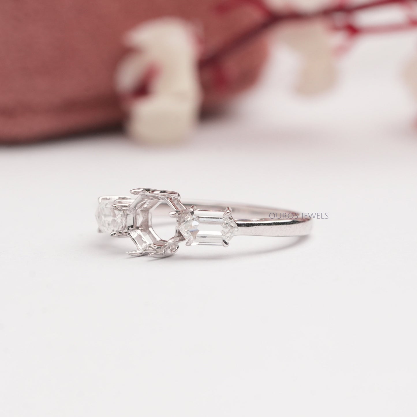 Elongated Hexagon Three Stone Mount  Ring