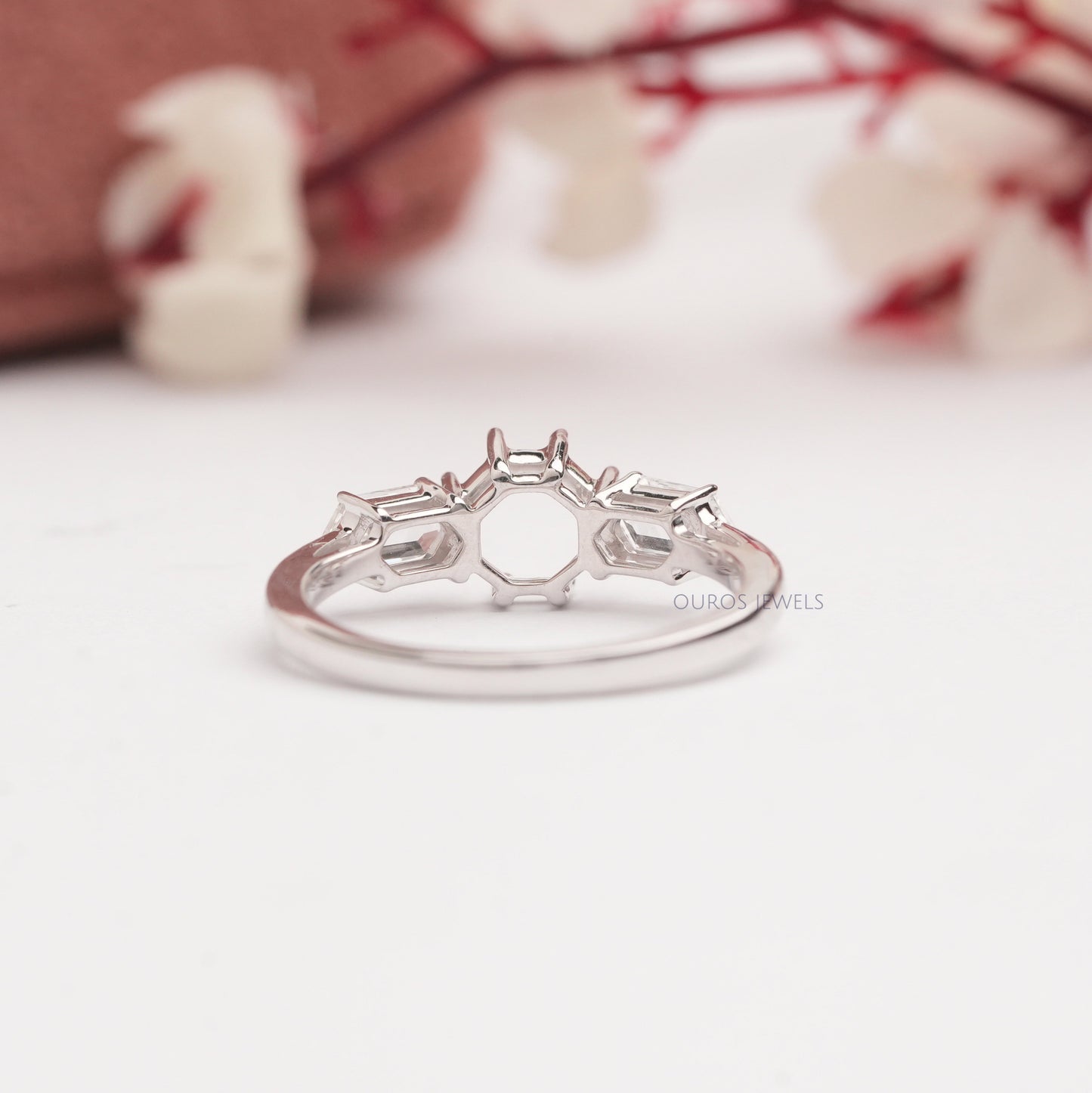 Elongated Hexagon Three Stone Mount  Ring