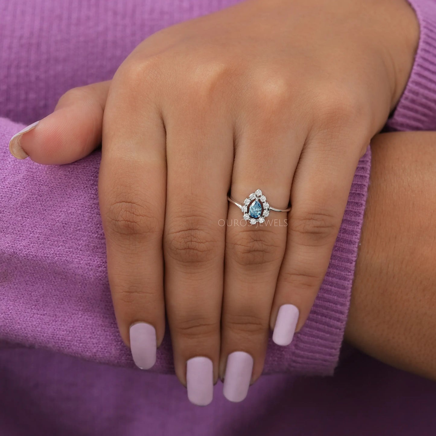 Blue Pear Cut Halo Lab Diamond Ring