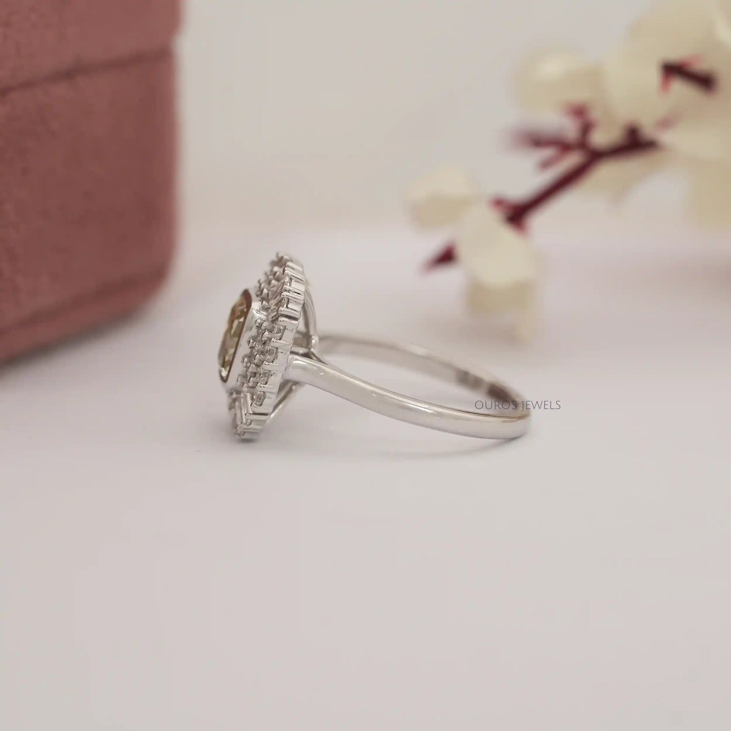 Yellow Cushion  Cut  Baguette Halo  Engagement  Ring