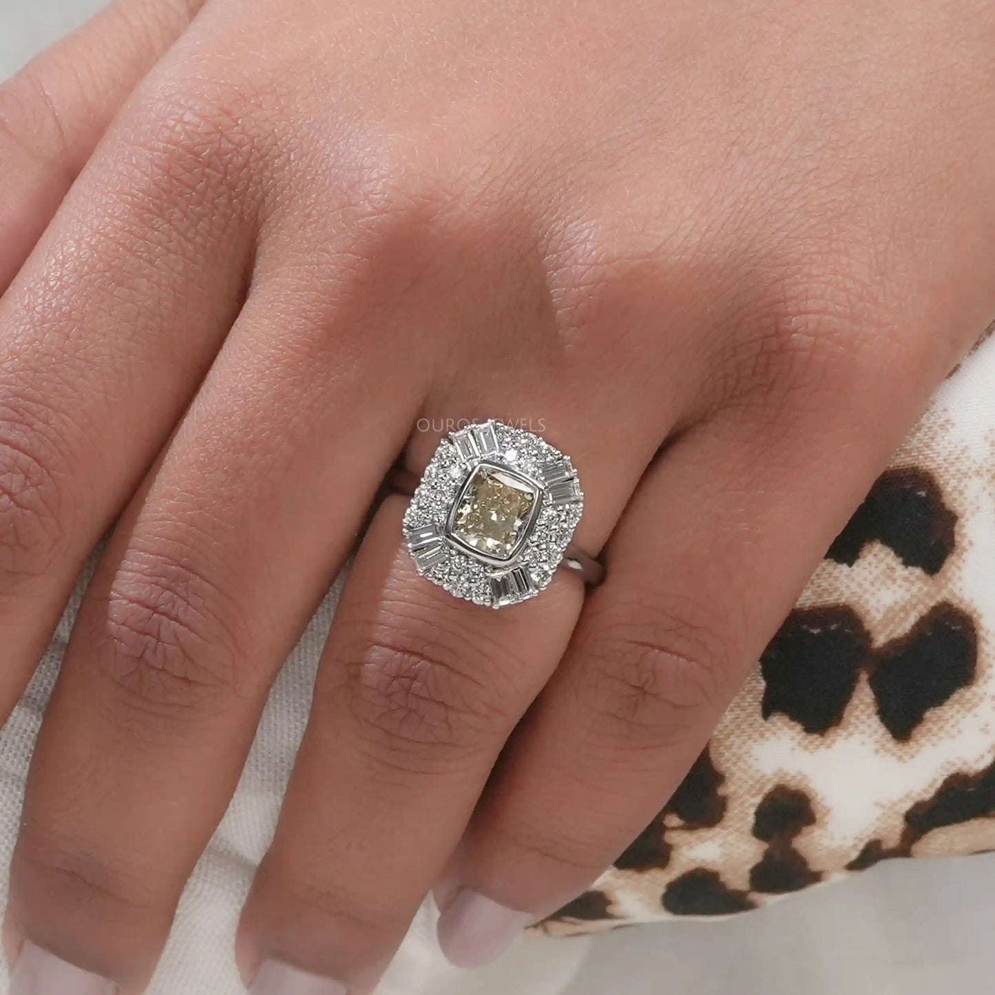 Yellow Cushion  Cut  Baguette Halo  Engagement  Ring