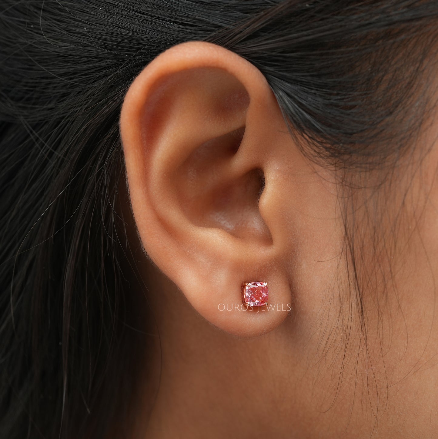 Pink Cushion Cut Lab Diamond Stud